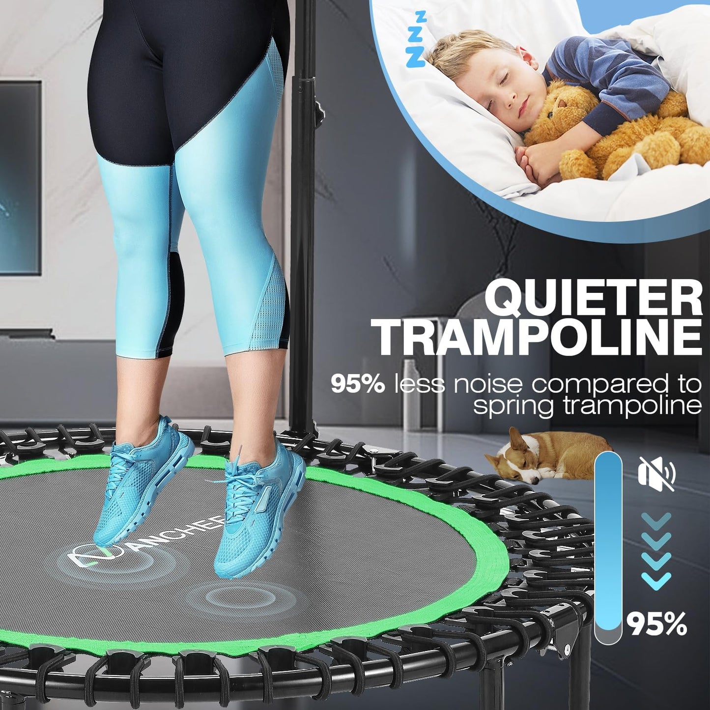 ANCHEER 40" Foldable Mini Trampoline Max Load 450lbs, Fitness Trampoline with Bungees, Adjustable Foam Handle, Indoor Exercise Trampoline for Adults Inoor/Garden Workout