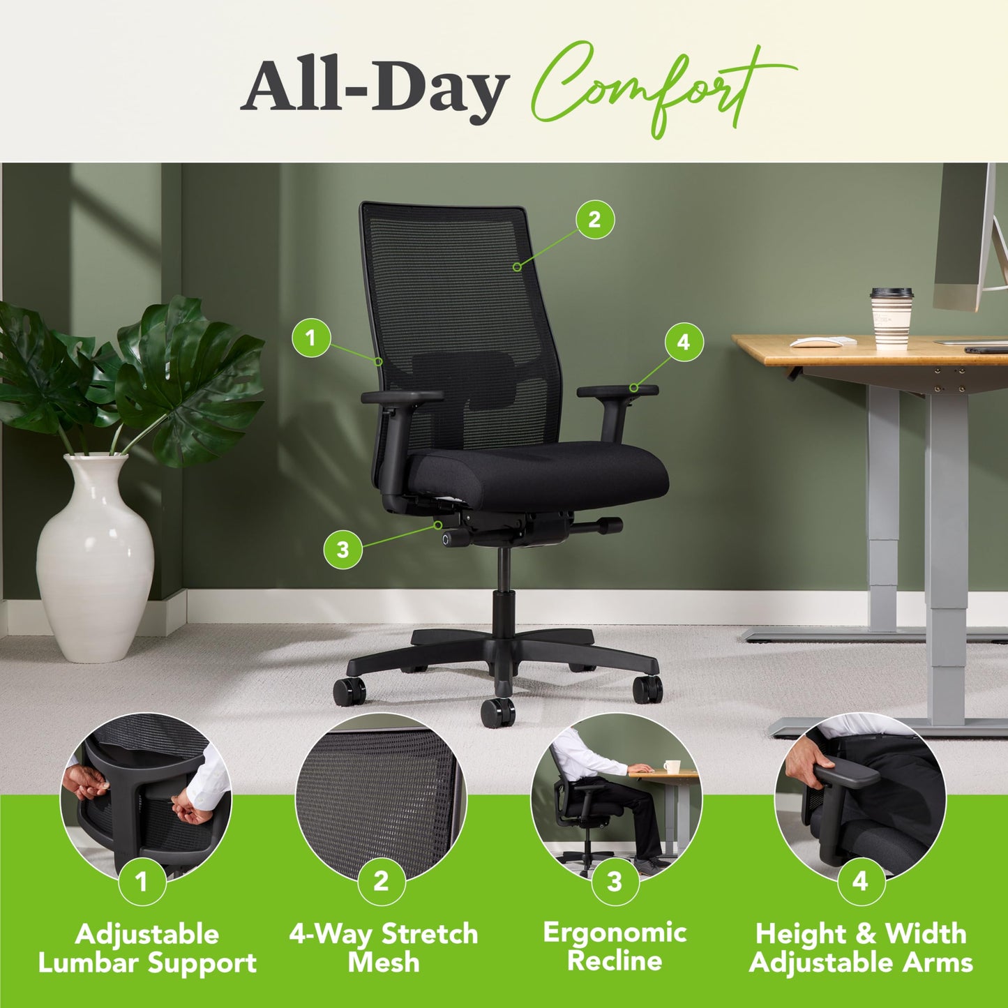 HON Ignition 2.0 Ergonomic Office Chair, Adjustable Tilt, Swivel Wheels, Comfy for Long Hours, Home Office Desk Chairs, Black