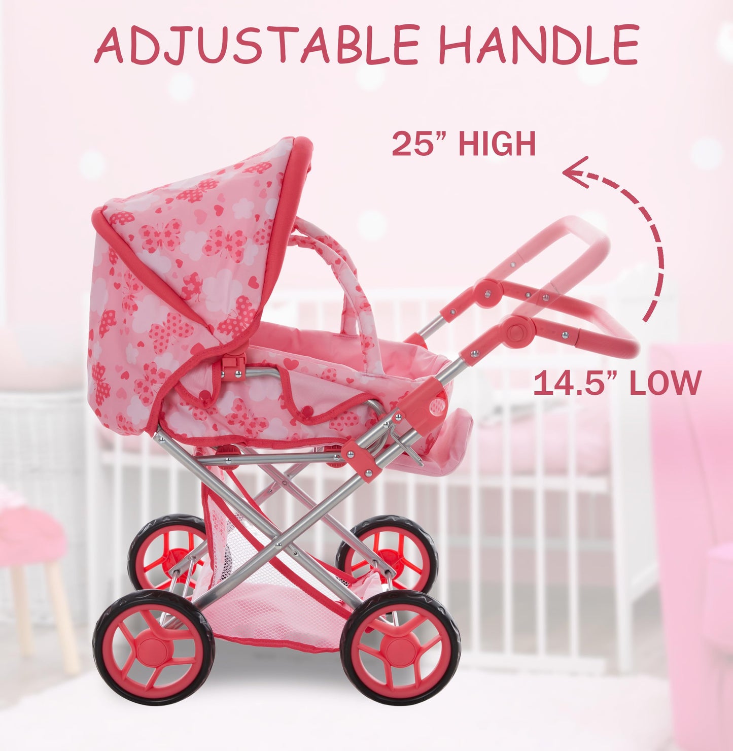 Baby Doll Convertible Pram Stroller with Removable Travel Bassinet Carrier for Kids Adjustable Handle Buggy Carriage with Canopy and Storage Basket 25 Inch Pink