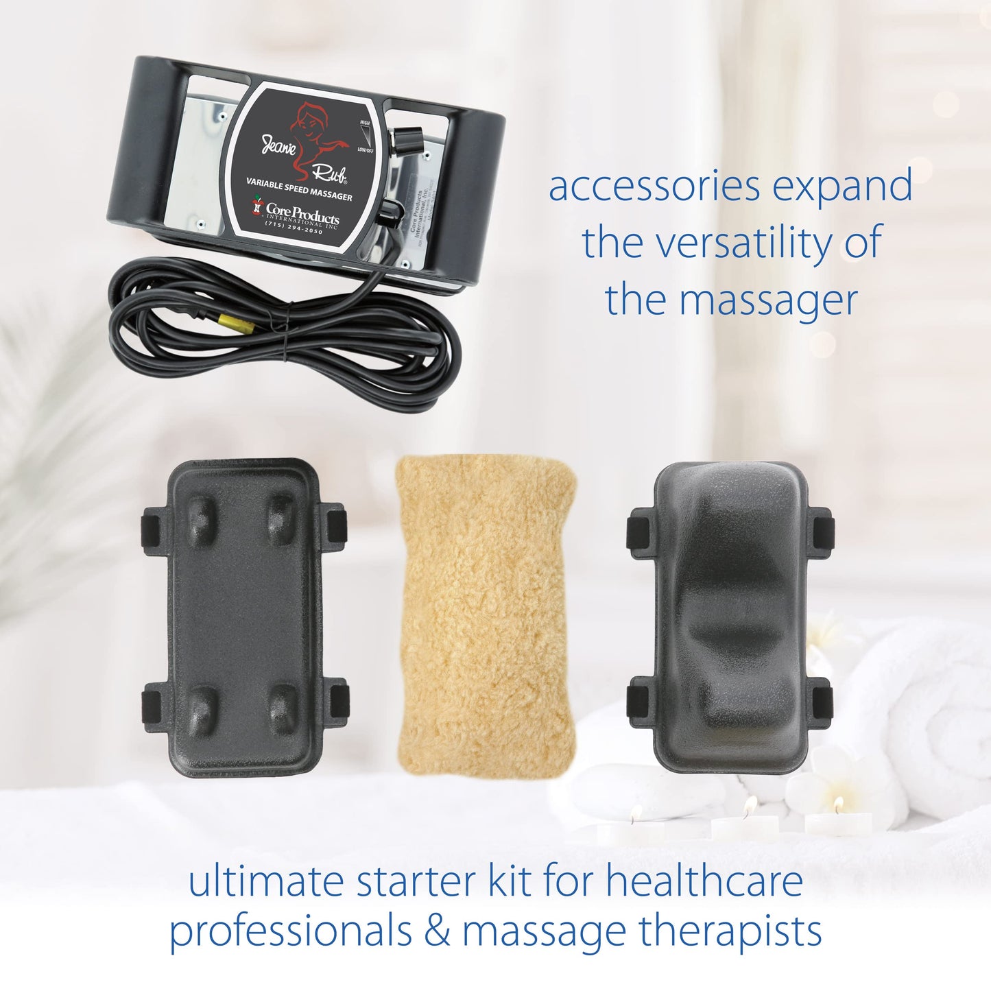 Core Products Jeanie Rub Massager Deluxe Package - Variable Speed Electric Massager for Deep Tissue Pain Relief, Full Body Massage, Back & Shoulder Massager w Fleece Pad Cover & Trigger Point