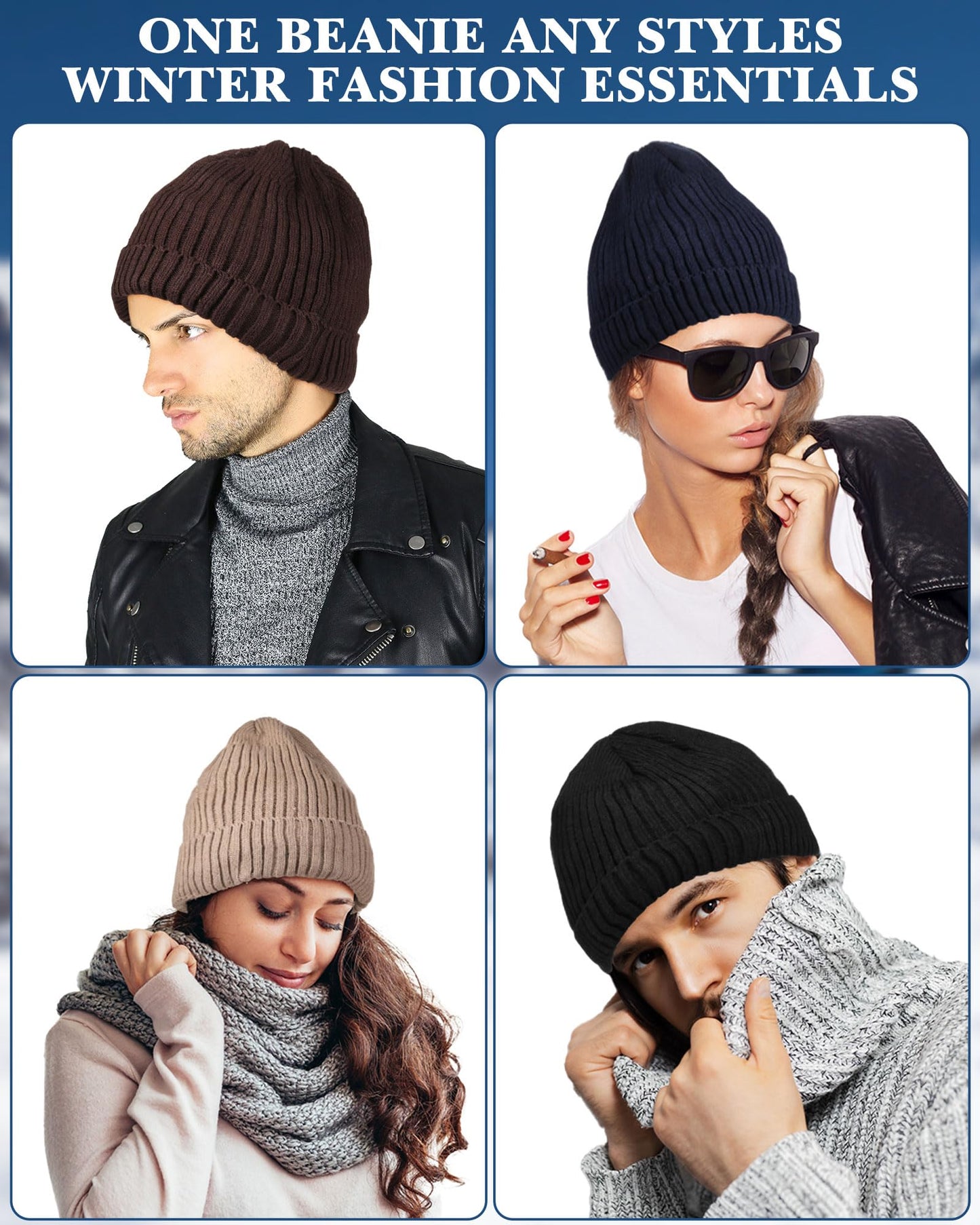 Suhine 6 Pcs Winter Fleece Beanies Hats Bulk Soft Warm Knitted Cuffed Beanie Lined Knit Hat for Cold Weather Women Men(Dark Color)