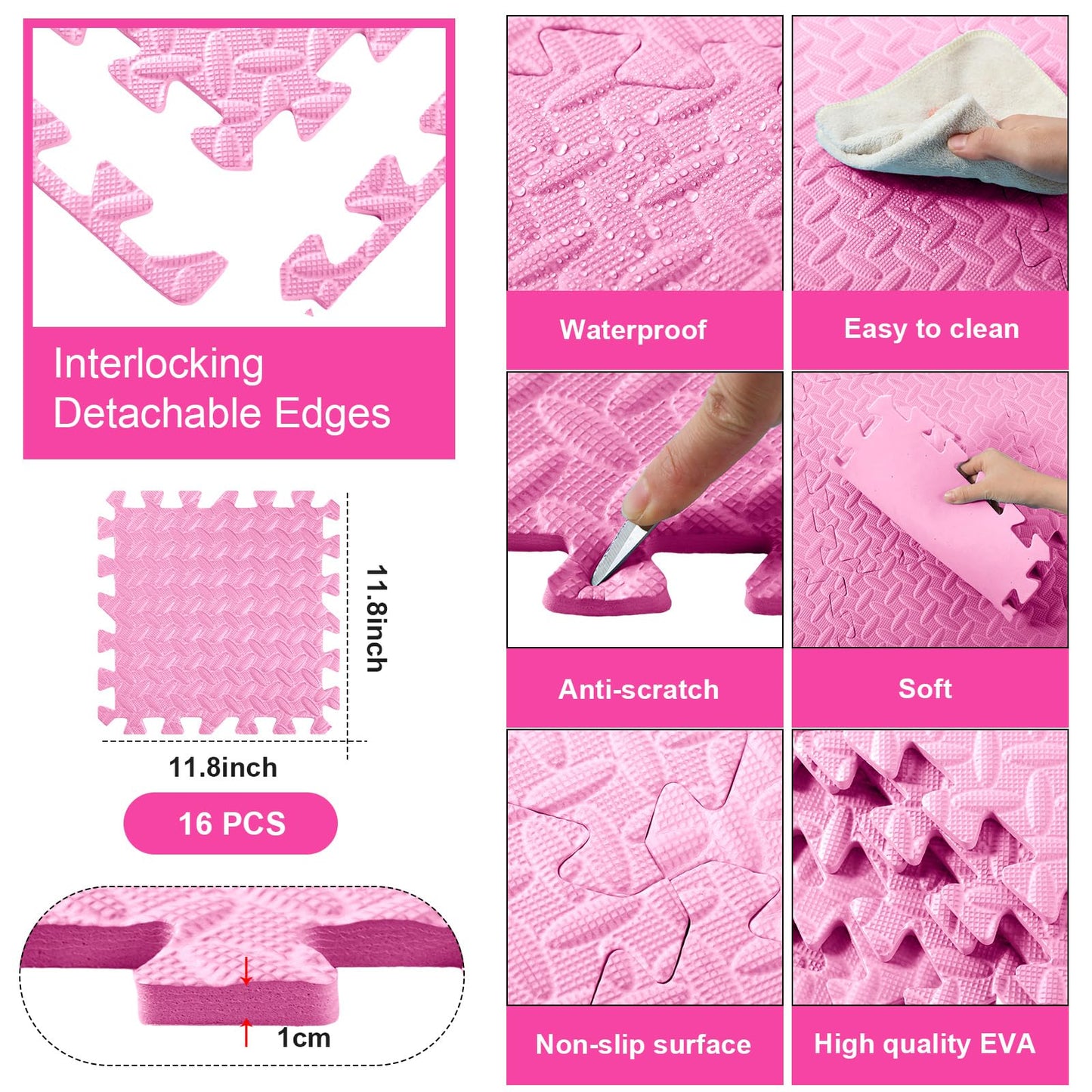 Shihanee Foam Floor Baby Tiles Foam Floor Mats Play Mats Bulk with Borders Interlocking for Kids Baby Playroom Nursery Gym (Light Pink,16ft)