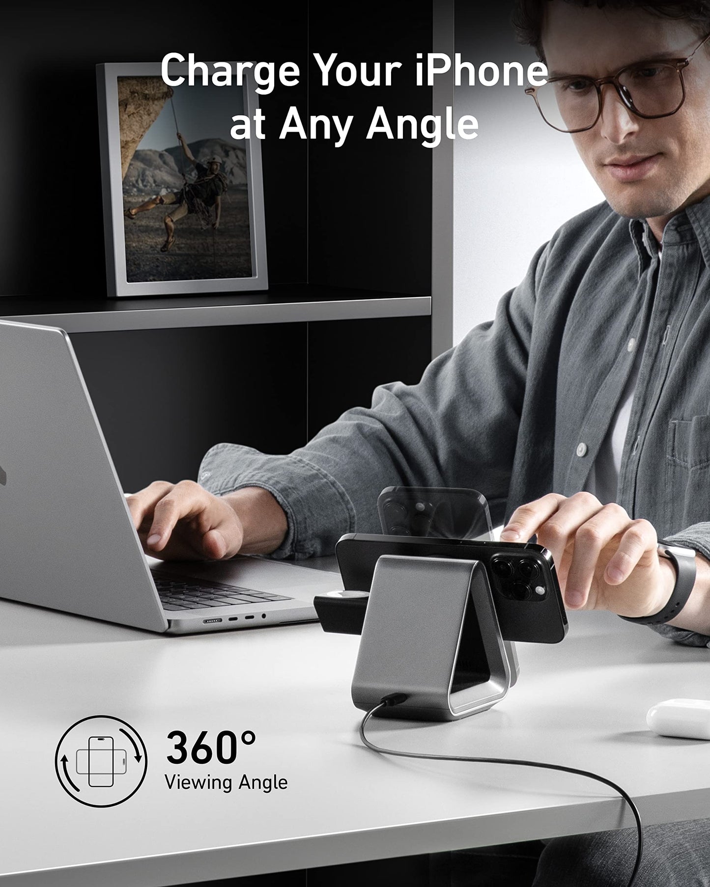 Anker MagSafe Charger Stand, 737 MagGo Charger, 3-in-1 Charging Stand with MFi-Certified 15W Max Fast Charging, iPhone 15/14/13/12 Series, Apple Watch S8/7/6, AirPods, 30W USB-C Adapter Included
