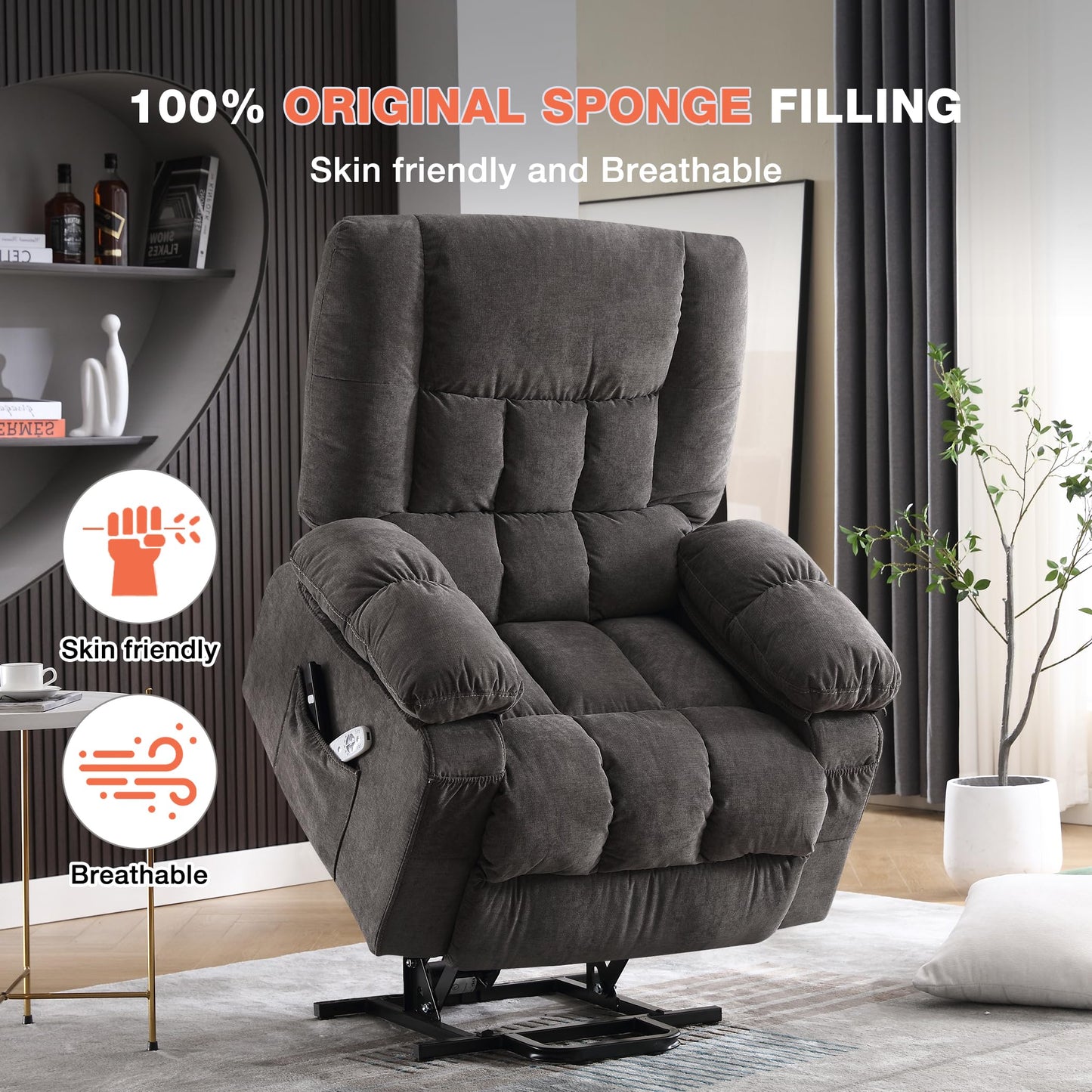 BOSMILLER Power Lift Recliner Chair with Vibration Massage and Lumbar Heating for Elderly, Electric Lift Recliner Single Sofa with Side Pocket and USB Charge Port for Living Room