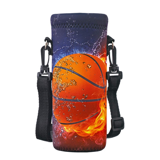 RICHEN Neoprene Water Bottle Carrier Bag with Adjustable Shoulder Strap,Insulated Water Bottle Cover for 500ml/16oz Stainless Steel/Glass/Plastic Bottles (Basketball Fire,500ML)