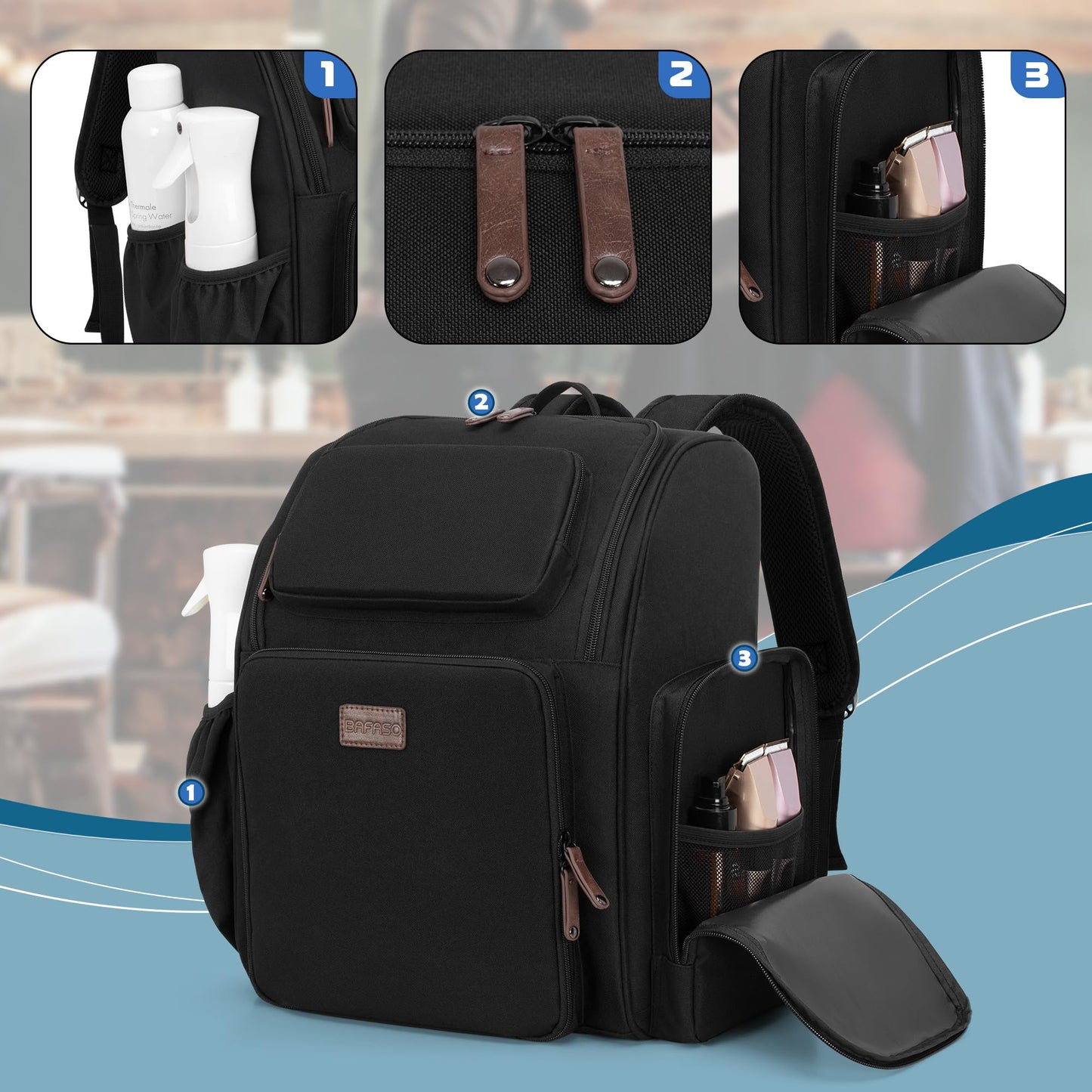 BAFASO Large Capacity Insulated Barber Case with a Semi Detachable Divider and 2 Removable Pouches, Hairstylist Traveling Bag with Multiple Pockets Holds Barber Styling Tools, Black