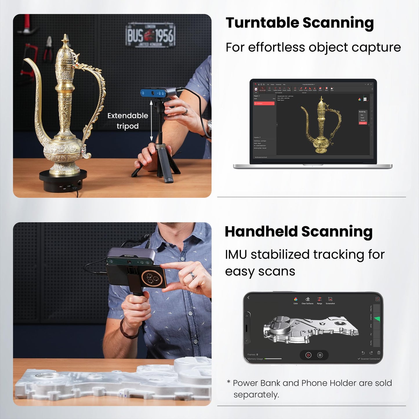 Revopoint Inspire 3D Scanner for 3D Printing Handheld, 3D Printer Scanner 0.2mm Precision, Full Color 3D Model Scanning for Car Customization, Digital Art, DIY Projects, Support Android/iOS/Mac/Win
