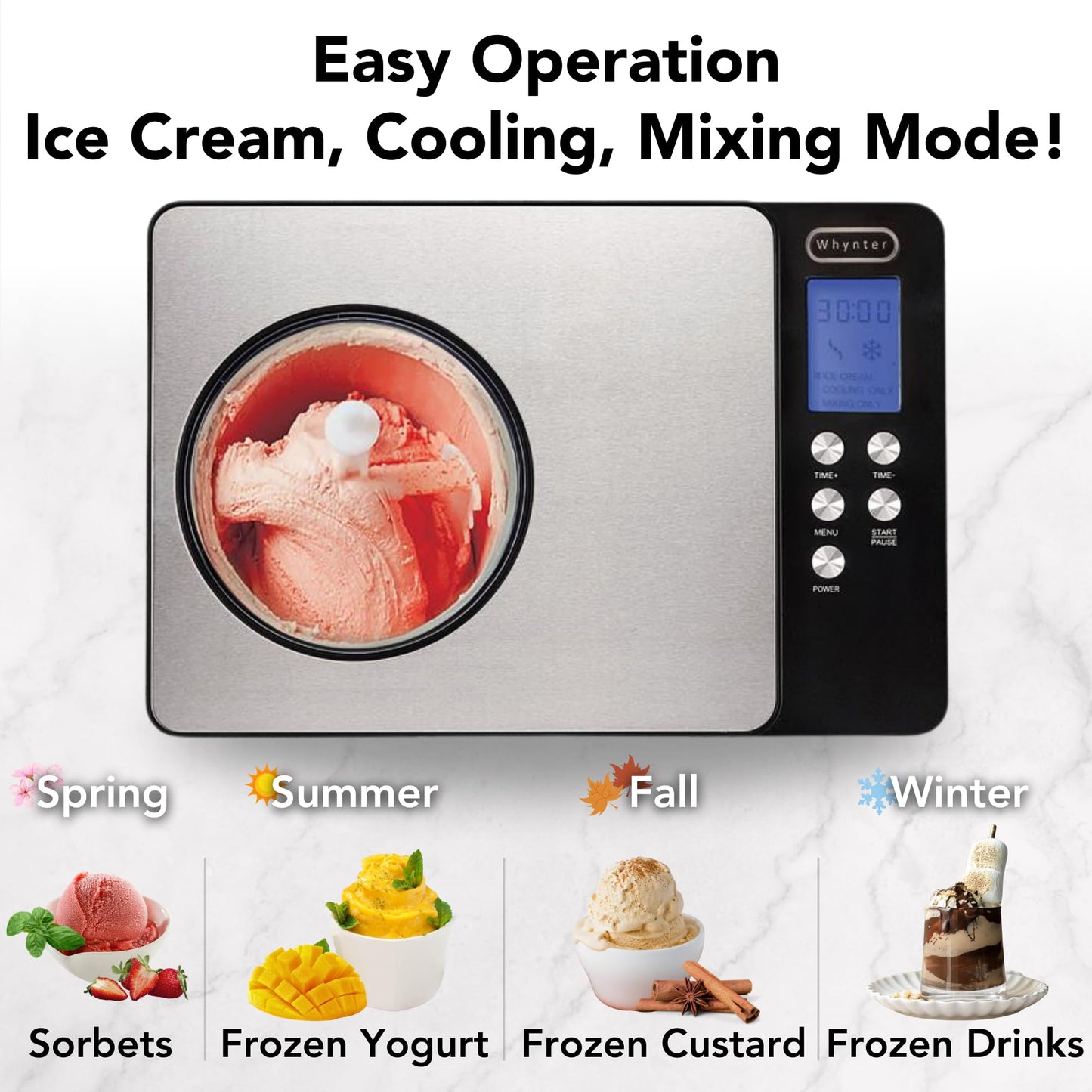 Whynter Ice Cream Maker Machine Automatic 2.1 Qt. with Built-In Compressor, LCD Digital Display & Timer, No Pre-Freezing, ICM-200LS, Stainless Steel