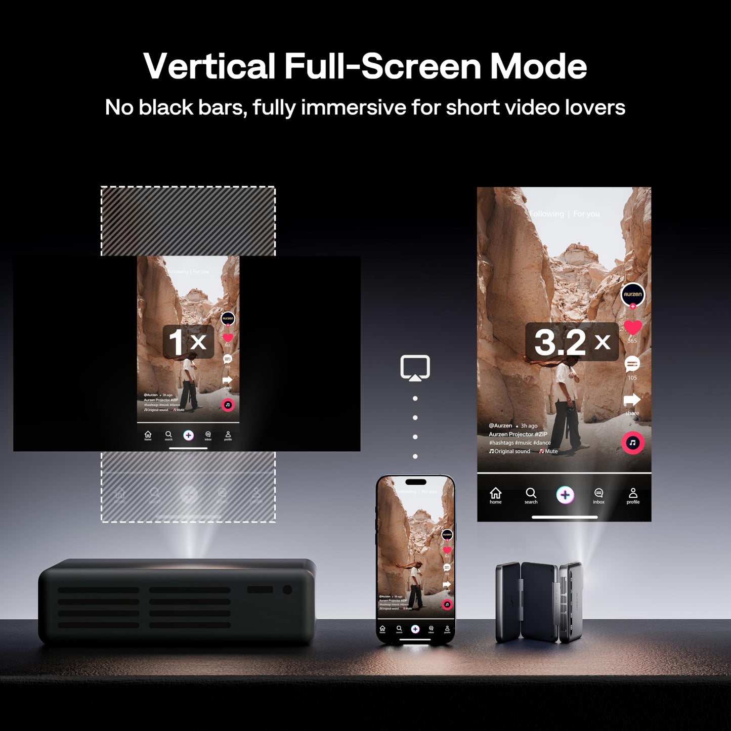 Aurzen ZIP Tri-Fold DLP Truly Mini Projector, Pocket Size, Zero-Lag Focus, One-Click Screen Mirroring, Full-Screen Mode, Type-C Fast Charging, 5,000mAh Battery, Indoor Outdoor Portable Projector, Grey