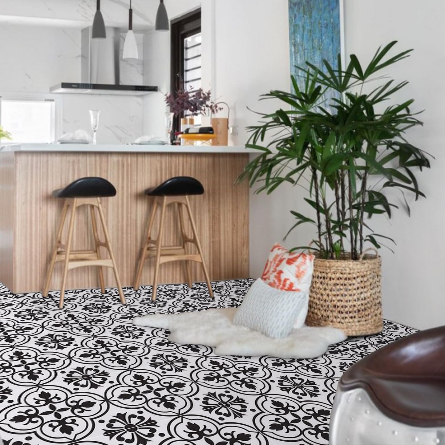 Alow Peel and Stick Floor Tile Waterproof, 20PCS Black and White Flower Floor Tile Easy to Paste, Vinyl Flooring for Bedroom, Living Room Kitchen and More（11.8Inx11.8In