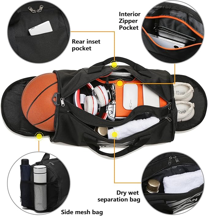 TUGUAN Gym Bag for Men Women with Wet Pocket & Shoe Compartment Travel Duffle Bag Man Sport Basketball Football Bag Weekend Overnight Duffel Bag Gym Tote bag 40L, Black