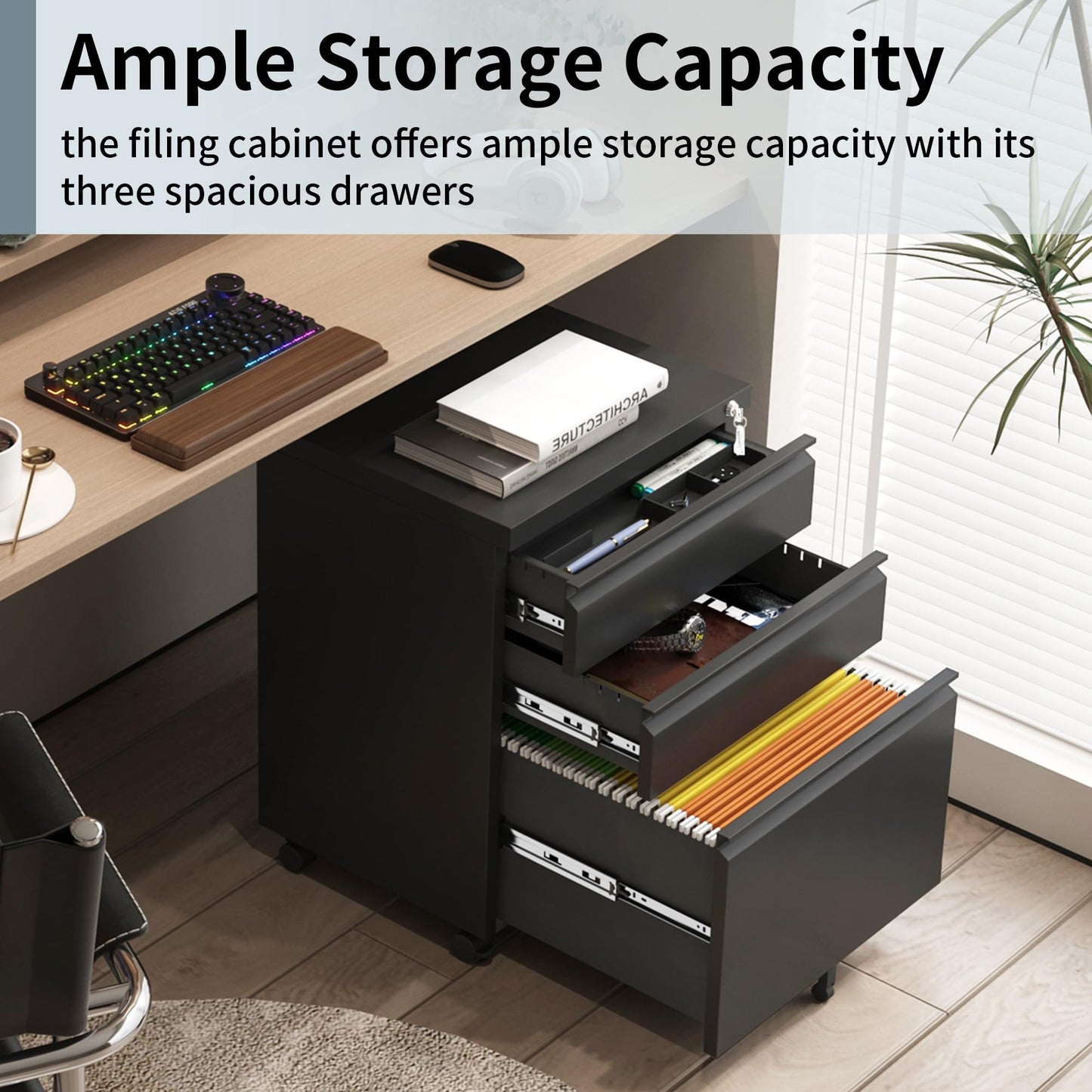Approgreent 3 Drawer File Cabinet for Home Office, Under Desk Mobile Filing Cabinet with Lock for A4-Size/Letter-Size/Legal-Size, Black (HSEJ-3D)