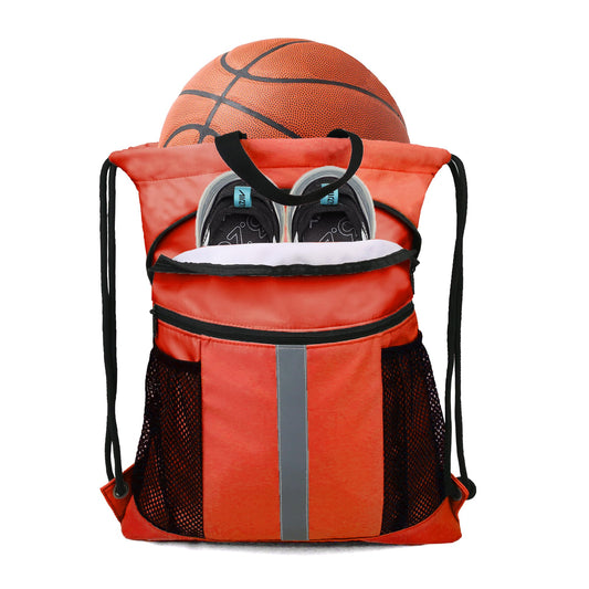 BeeGreen Orange Drawstring Backpack Bag with Shoe Compartment X-Large Gym Sports String Cinch Sackpack with Front Inside Zipper Pockets 75D