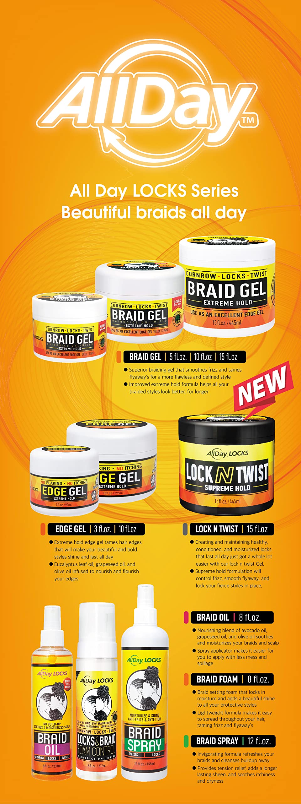 AllDay Locks Edge Gel | Extreme Hold Edge Control Gel | No Flaking, Itching, or Split Ends | Long Lasting Style for Braids, Locks, Twists, Cornrows | 3 oz