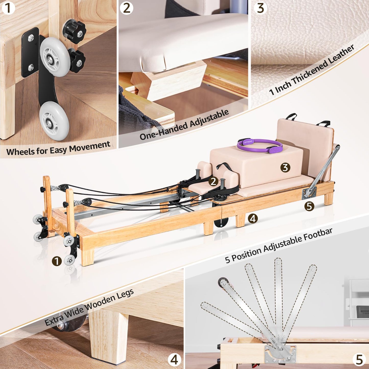 LeisureKing Pilates Reformer Machine, Quick-Assembly Foldable Studio Grade Pilates Equipment for Gym and Home, Oak Wood Pilates Reformer with Reformer Accessories