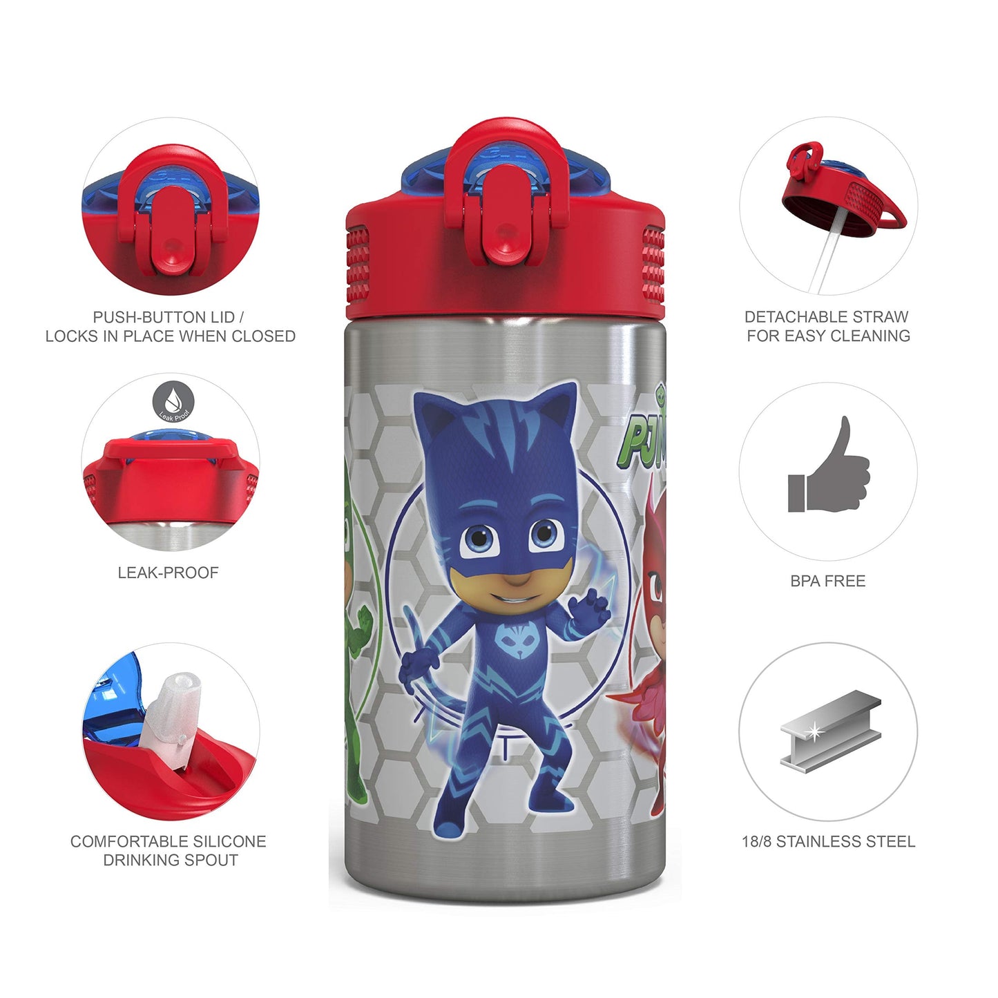 Zak Designs PJ Masks 15.5oz Stainless Steel Kids Water Bottle with Flip-up Straw Spout - BPA Free Durable Design, PJ Masks SS, Catboy, Owlette & Gekko, Single Wall
