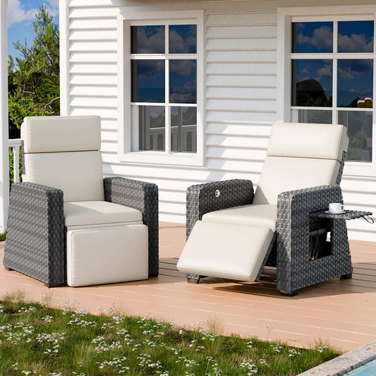 Set of 2 Outdoor Patio Reclining Chairs with 150° Lay-Flat Position, Extended Footrest, Flip-Up Side Table & Removable Beige Cushions - Wicker Recliners
