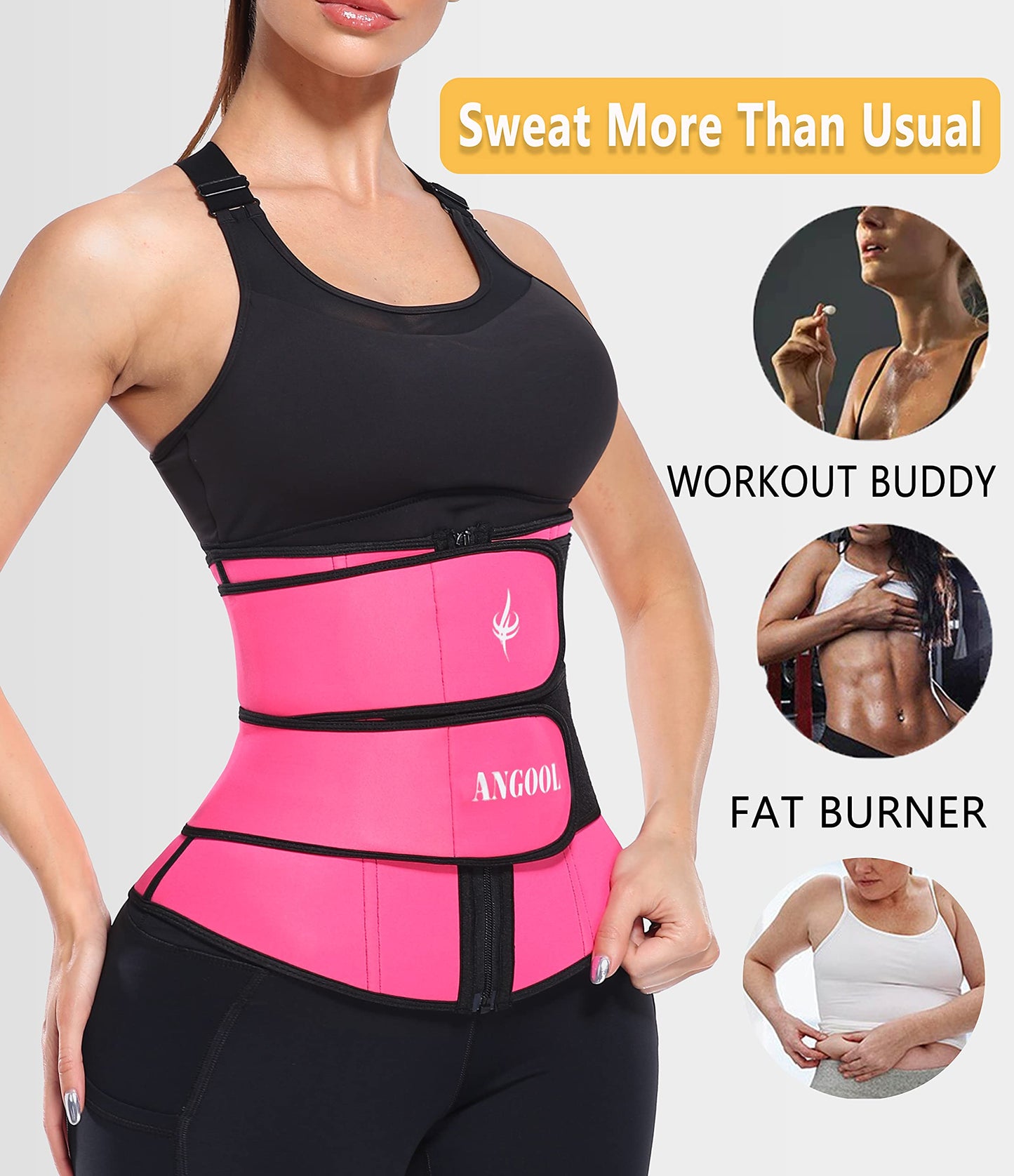 ANGOOL Neopren Waist Trainer For Women,Workout Plus Size Trimmer Belt Sauna Sweat Corset Cincher With Zipper S Pink