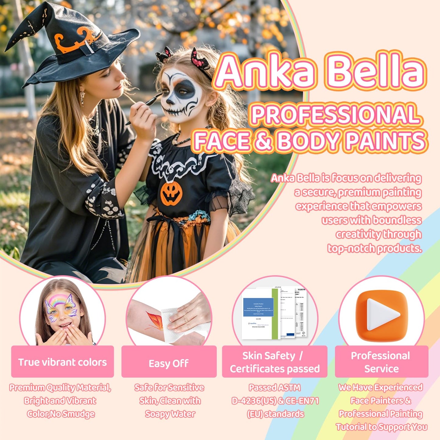 Anka Bella Professional Washable Face Paint(32gm),Water Based Face Painting Kit,Hypoallergenic & Non-Toxic,Gift for Birthday Parties/Halloween/Carnival(Sky Rainbow set)