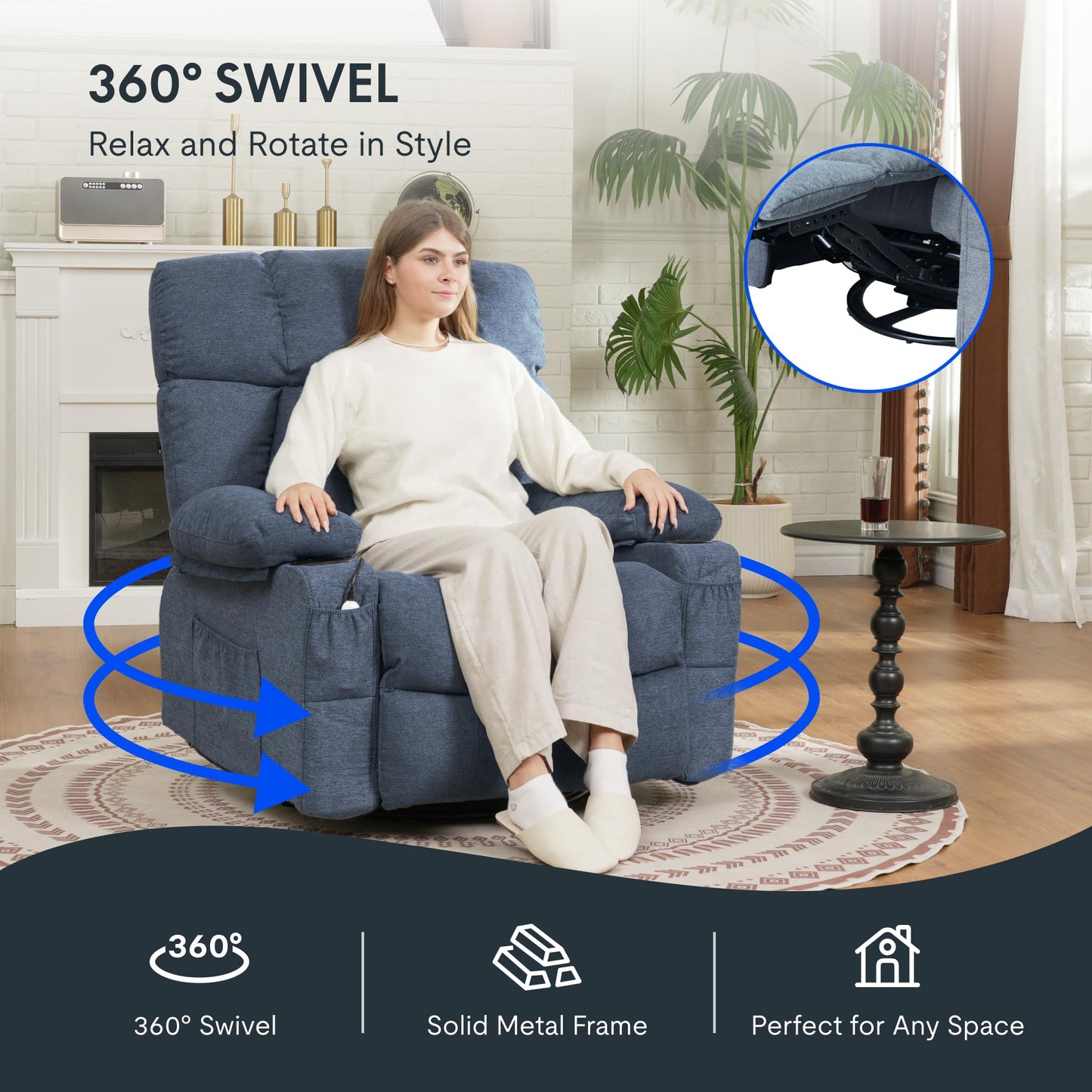 FLEXISPOT 360° Swivel Rocker Recliner, Oversized Massage Rocker Recliner Chair with Heating, Cup Holders, USB Charging Port, Swivel Glider Sofa for Living Room Nursery, Blue (XRC3)