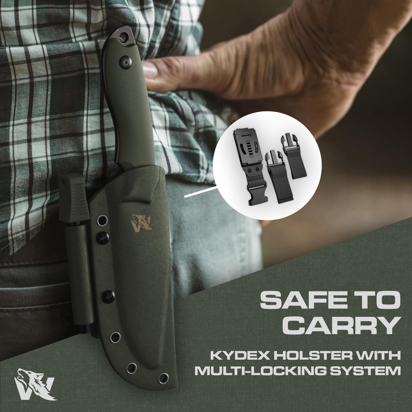 ODENWOLF AMBULO Fixed Blade Survival Knife with Kydex Sheath and Fire Starter - Bushcraft Knife Full Tang - Made of strong D2 Steel - Hunting Knife with Belt Loop and G10 Handle - Full Tang Knife