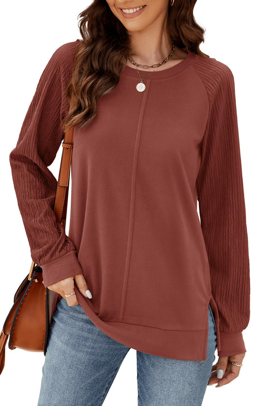 Aifer Womens Fall Fashion 2024 Long Sleeve Tops Trendy Crewneck Sweatshirt Winter Clothes Caramel