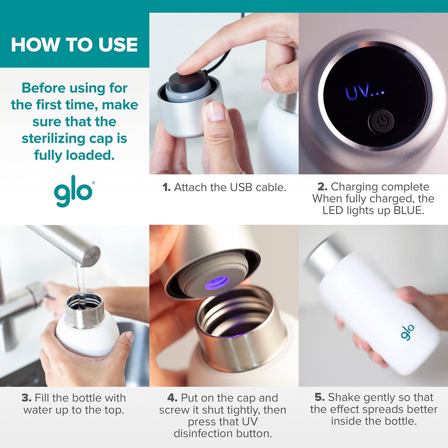 Glo - UV Water Smart Bottle | Eliminates Bad Odor and Taste | Double Insulation Stainless Steel BPA Free 400ml | Keeps Water Hot 12h and Cold 24h | Perfect for Camping Hiking Cycling and Survival