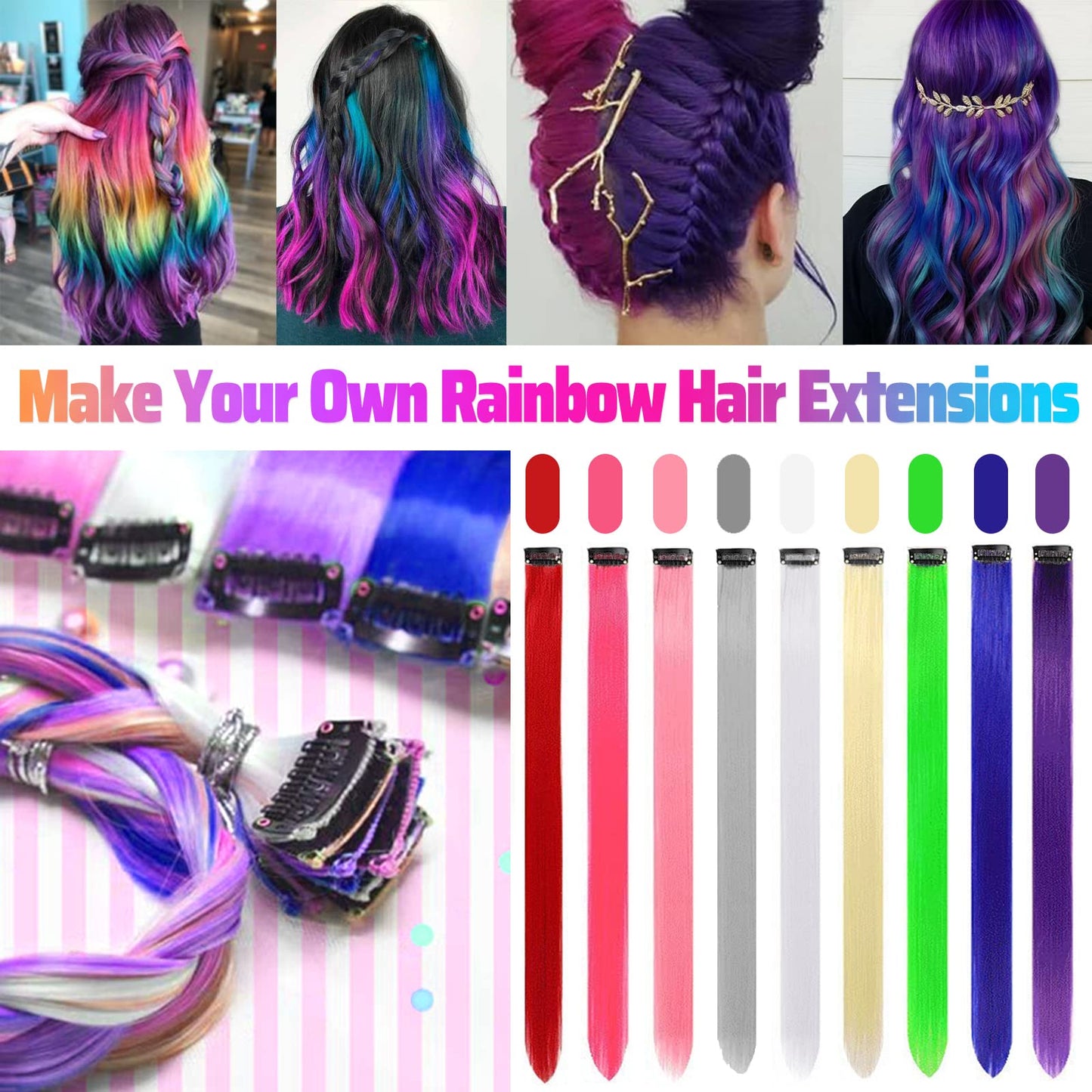 GPOVVIMX 12 PCS Purple Hair Extensions Clip in, Colored Party Highlights Extension for Kids Girls Synthetic Hairpiece Straight 22 inch