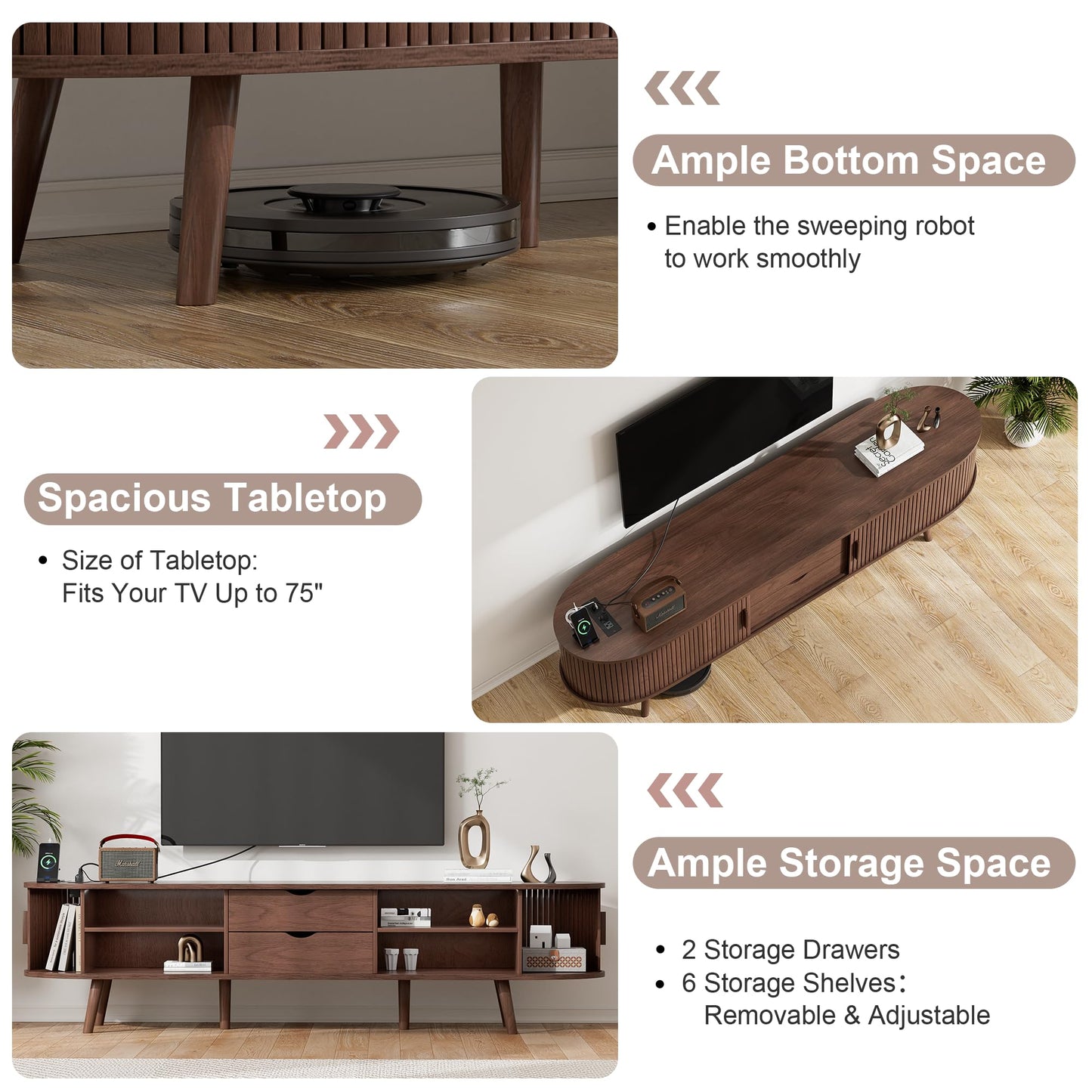 Alohappy 69" Mid Century Modern TV Stand with Charging Station, Farmhouse Curved Edge TV and Media Console Table with Drawer and Shelf, Fluted Entertainment Center for Living Room, Bedroom, Walnut