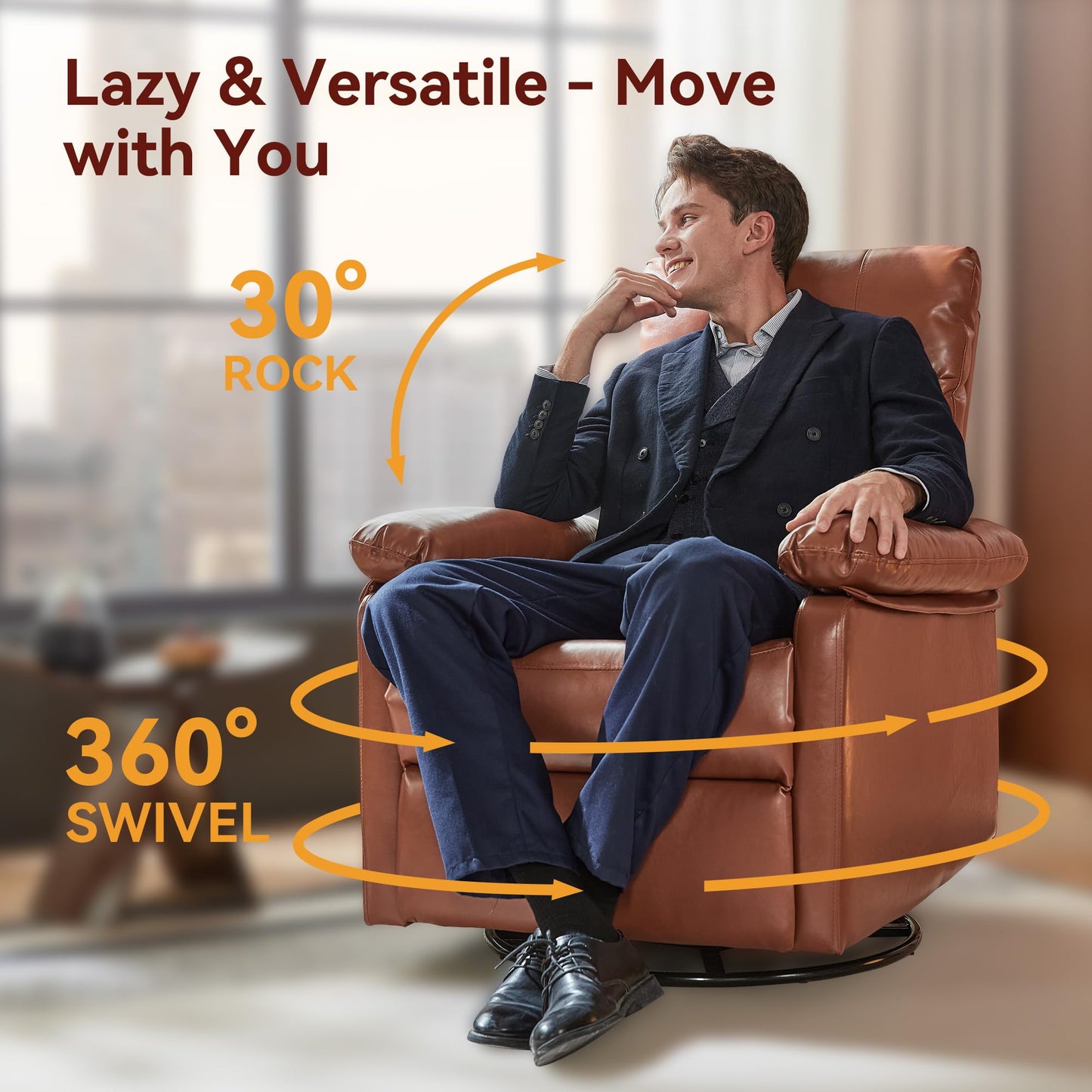 Rocking Recliner with 360° Swivel, Stress Relief Rocker Glider Reclining with Lumbar Support, Adjustable Backrest and Footrest for Nursery Living Room Bedroom Small Spcaes, Faux Leather (Mocha)