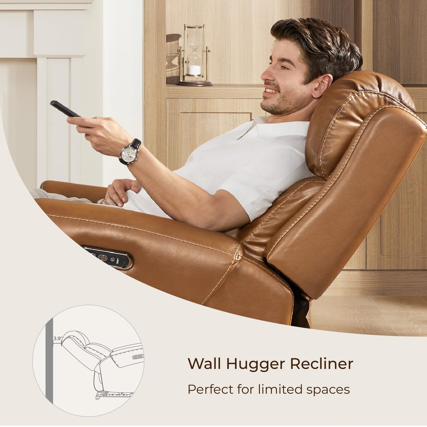 CHITA Genuine Leather Power Recliner Chair for Adults, Electric Wall Hugger Recliner with Adjustable Power Headrest & USB/Type-C Ports, Compact for Small Spaces & Living Rooms, Saddle Brown