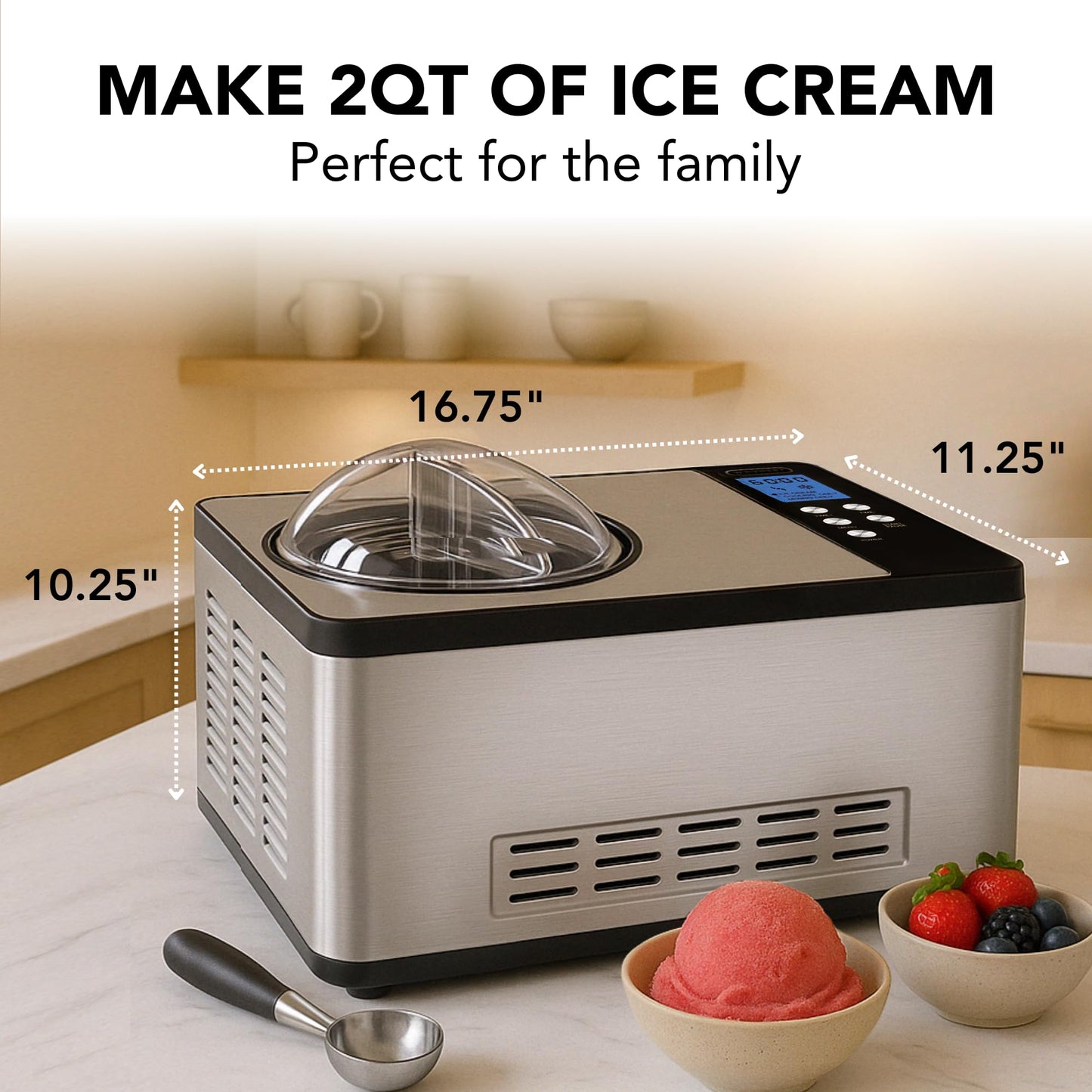 Whynter Ice Cream Maker Machine Automatic 2.1 Qt. with Built-In Compressor, LCD Digital Display & Timer, No Pre-Freezing, ICM-200LS, Stainless Steel