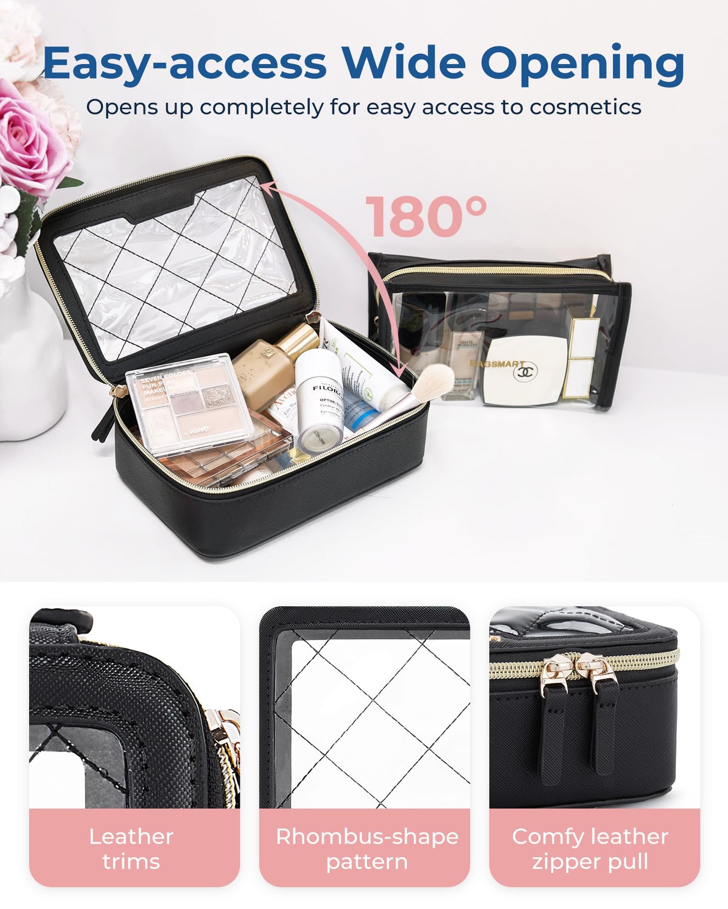 BAGSMART Clear Makeup Bag Set, TSA Approved Toiletry Bag, Clear Travel Bags for toiletries, Cosmetic Bags with Zipper, Makeup Organizer Bags Fit Carry-on Travel Essentials, Black