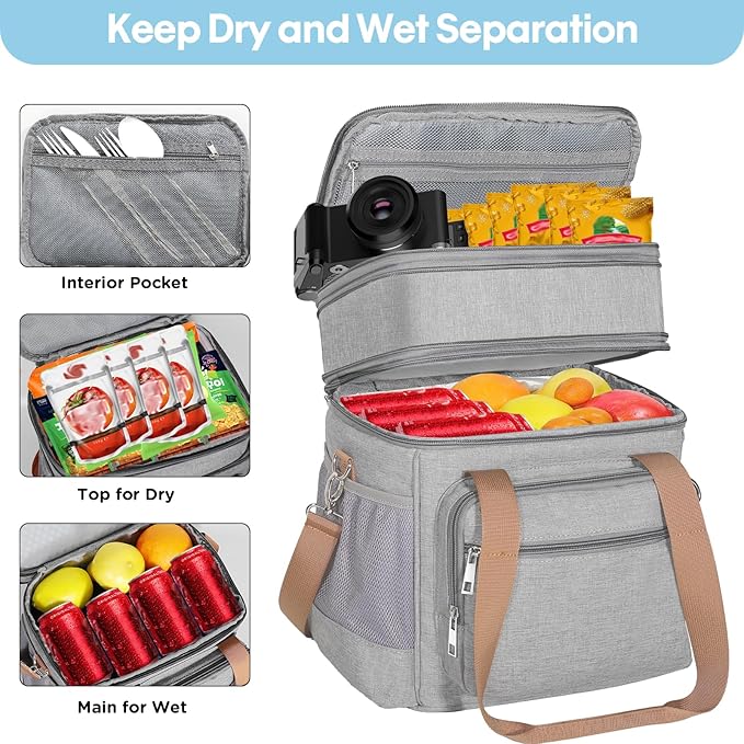 GLENKEY Double Deck Insulated Lunch Box, Expandable Large Lunch Bag Leakproof Cooler Bag Lunch Pail for Men Women Adults Work Shifts Travel Daytrip, Grey