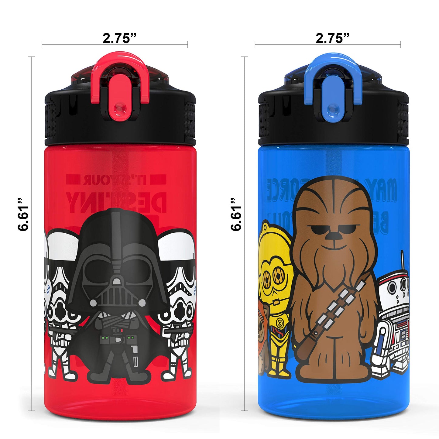 Zak Designs PP Park Straw Kids Durable Plastic Spout Cover and Built-in Carrying Loop, Leak-Proof Water Design for Travel, (16oz, 2pc Set), 2 Count (Pack of 1), Darth Vader Bottle 2pk