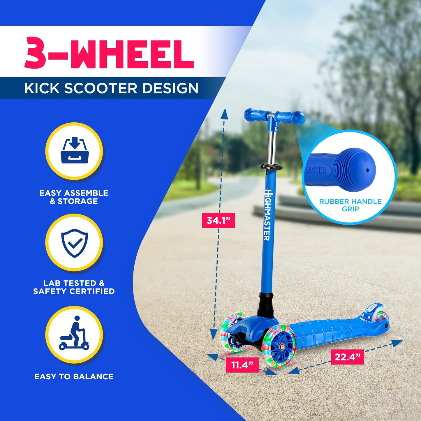 HighMaster Kids Scooter – 3 Wheel Kick Scooter for Children and Toddlers – Adjustable Handlebar with LED Wheel Lights – Indoor and Outdoor Fun