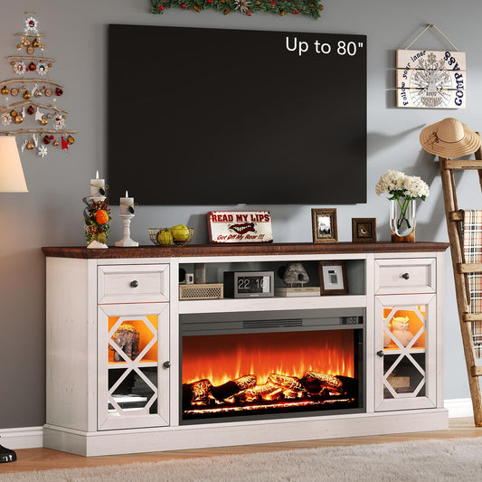 AMERLIFE Farmhouse Fireplace TV Stand with 37" Electric Fireplace for 80 Inch TVs, Large LED Media Entertainment Center with Drawers, 31" Tall Highboy TV Console Cabinet with Door, Living Room, White