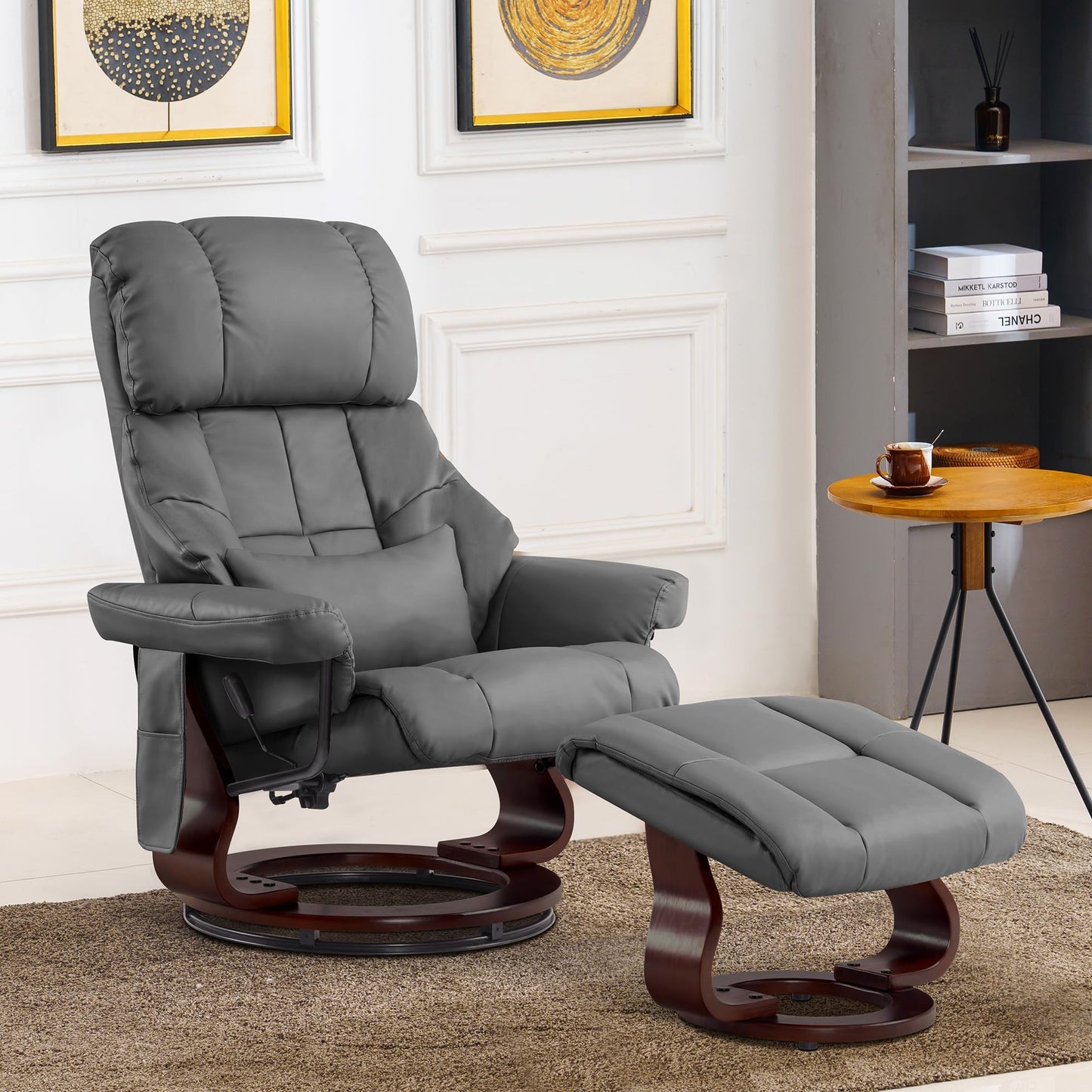 MCombo Manual Swivel Recliner with Ottoman, Reclining Chair with Vibration Massage for Small Spaces, Living Room, Office, Faux Leather 9068 (Grey)