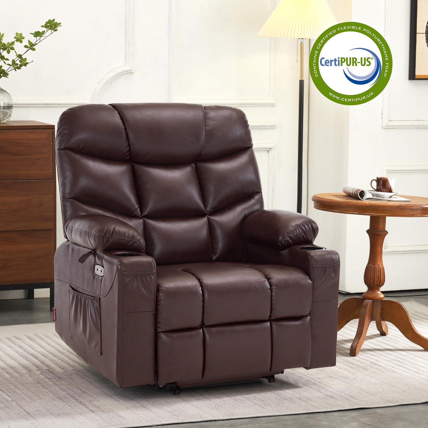 MCombo Oversized Power Lift Recliner Chair with Extended Footrest for Elderly People, Faux Leather R7289 (Dark Brown, Oversize)