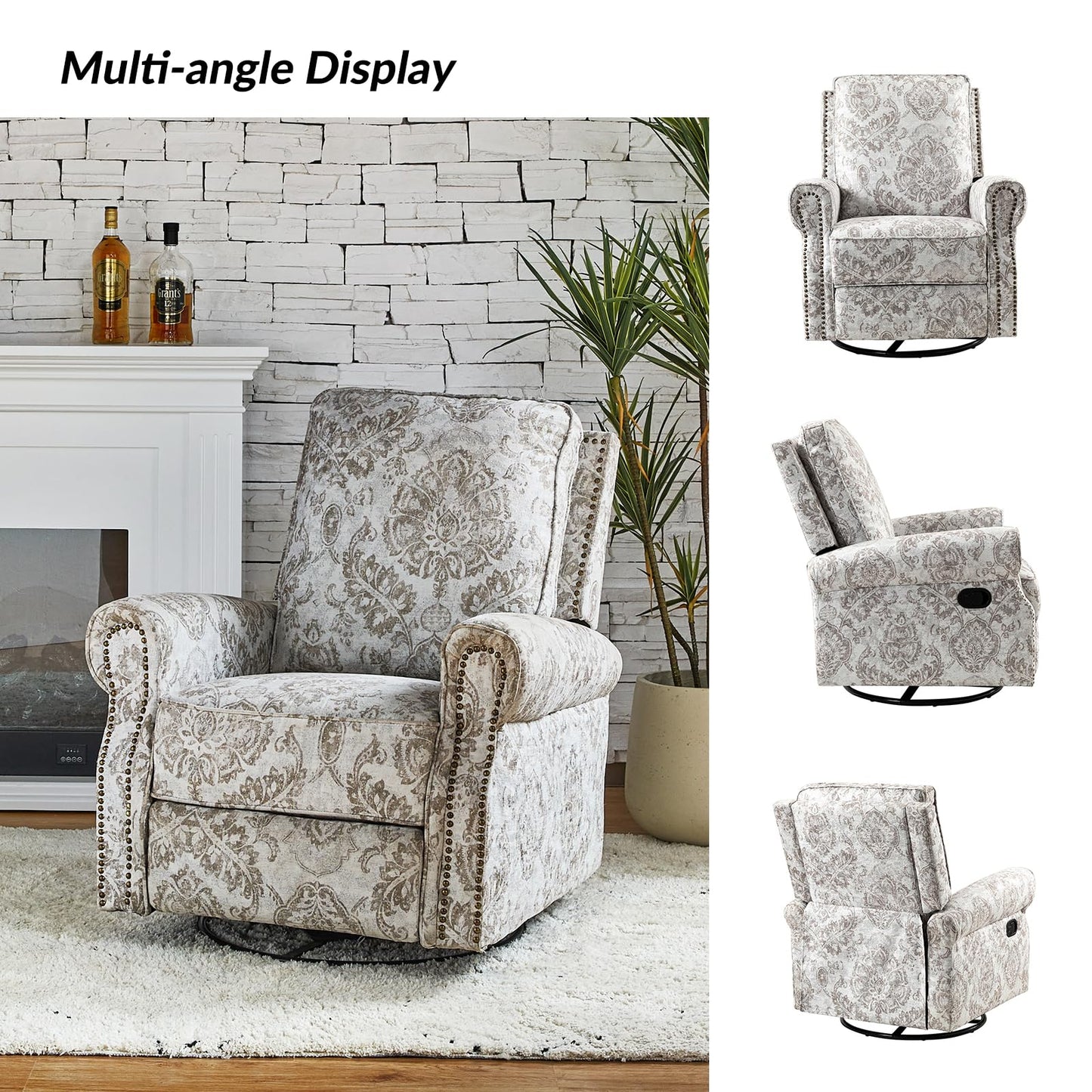 HULALA Home Swivel Rocker Recliner Set of 2, Modern Printed Fabric Swivel Recliner Chair for Adults Glider with Adjustable Backrest & Footrest, Beige