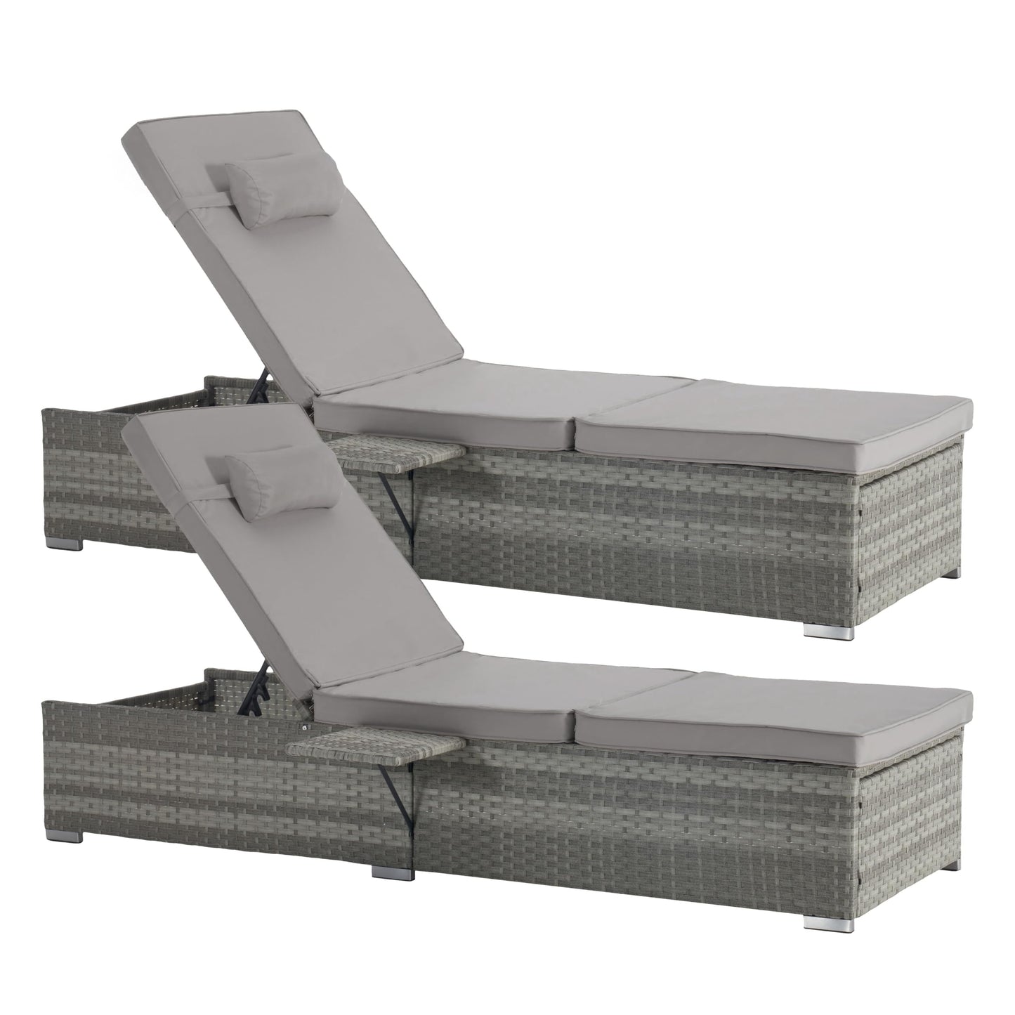 YOPTO Outdoor Chaise Lounge Chair Set of 2,Beach Rattan Recliners with 5-Position Adjustable Backrest and Table,Weatherproof Garden & Outdoor Furniture for Poolside,Light Gray