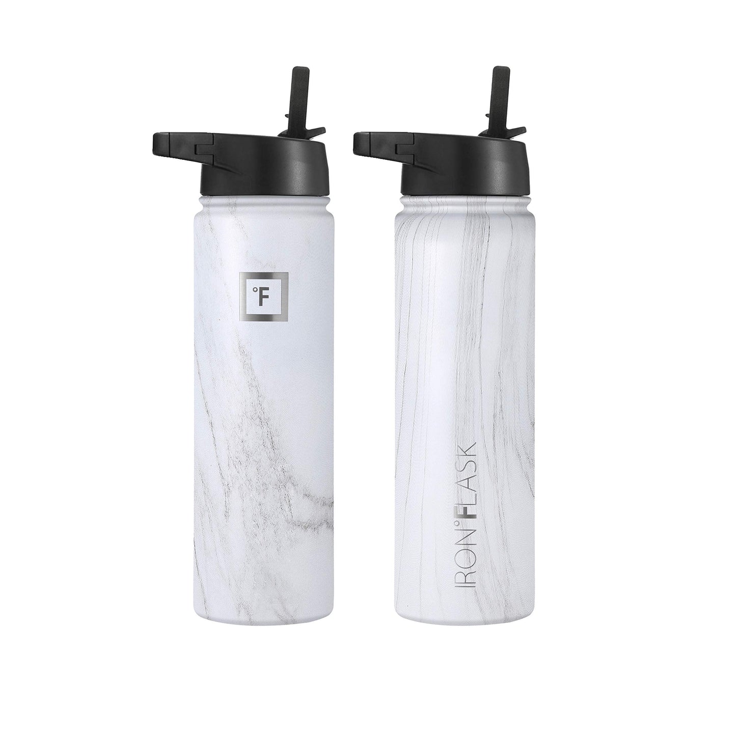 IRON °FLASK Camping & Hiking Hydration Flask, Wide Mouth, 3 Straw Lids, Stainless Steel Outdoor Water Bottle, Double Walled, Insulated Thermos, Metal Canteen - Carrara Marble, 22 Oz
