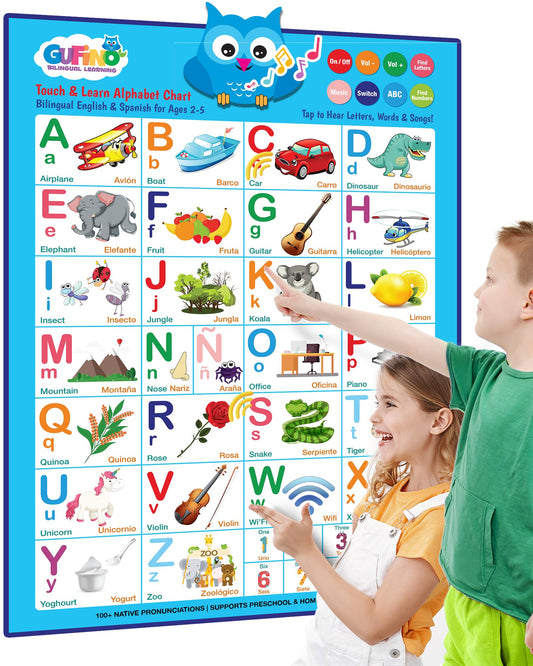 Gufino Alphabet Wall Chart - Bilingual Toys with Interactive Touch Buttons for Independent & Guided Learning - Ideal for Preschool Learning Activities & Spanish Classroom Supplies.