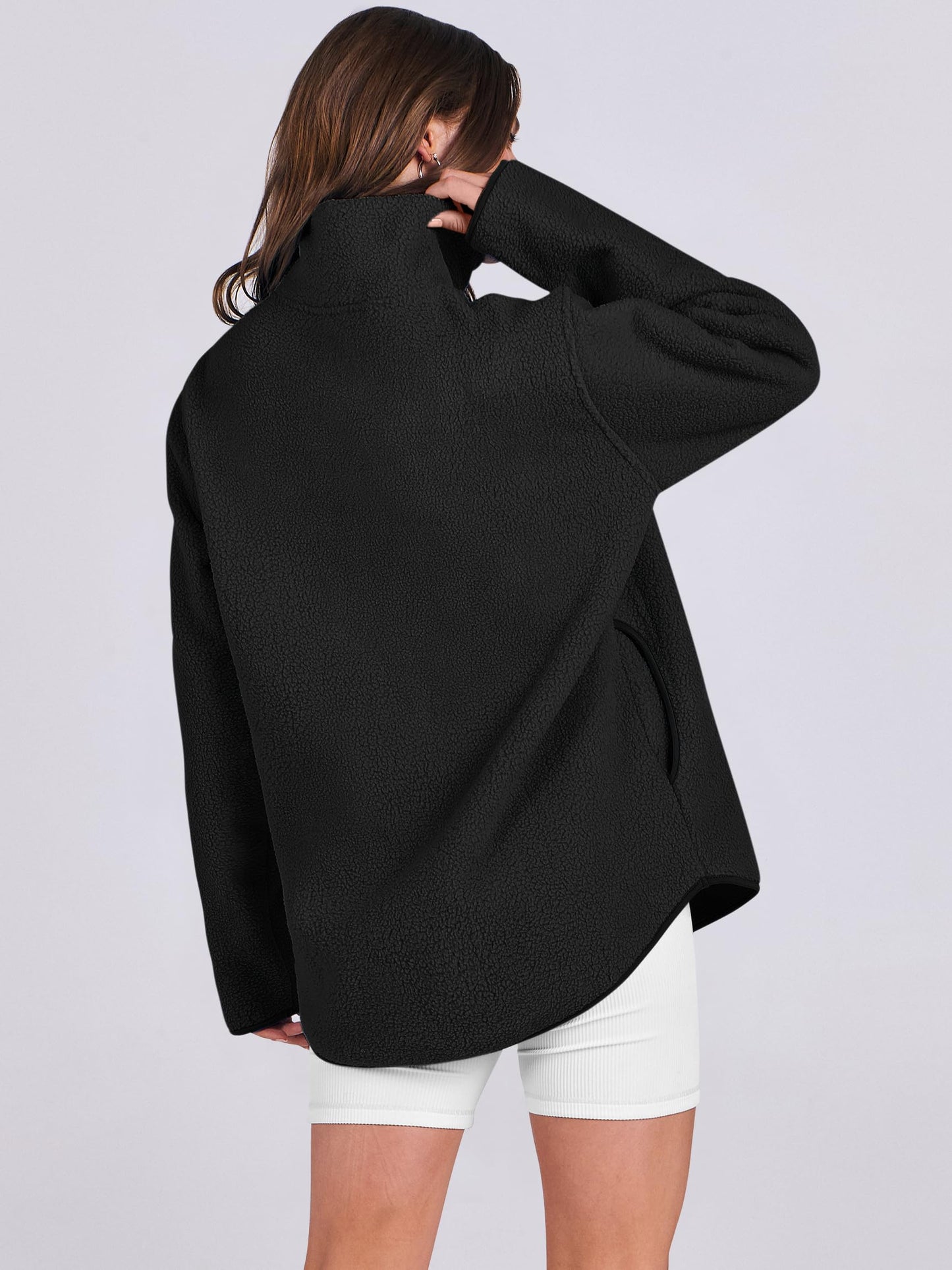 ANRABESS Women Oversized Sherpa Fleece Half Zipper Sweatshirts Fuzzy Collared Quarter Zip Pullover 2024 Fall Winter Clothes Black Small