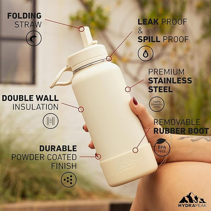 Hydrapeak 32oz Sport Insulated Water Bottle with Straw or Chug Lid, Leak & Spill Proof, Keeps Drinks Cold for 24 Hours, Hot for 12 Hours, Premium Stainless Steel Water Bottles (32oz, Grey)