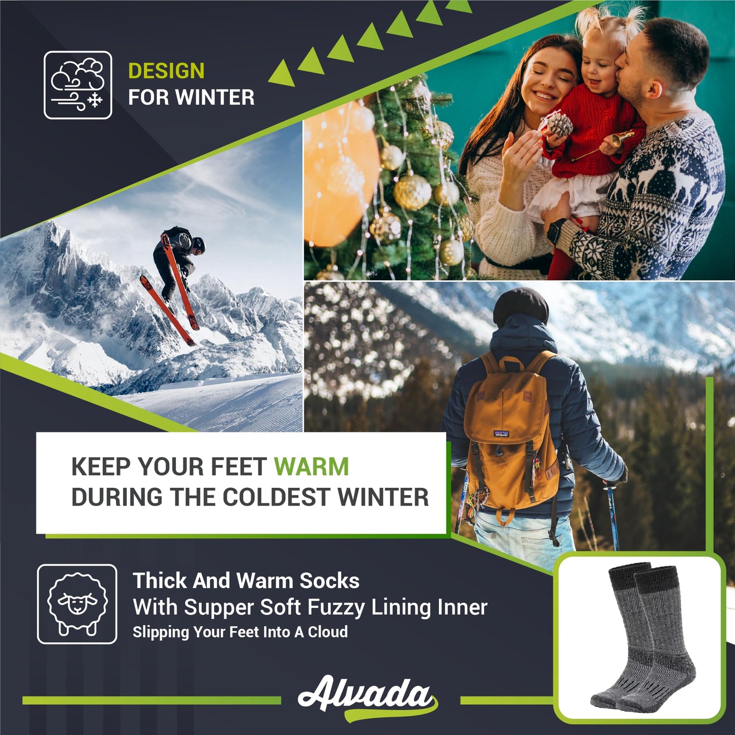 Alvada Warm Thermal Wool Socks for Winter Moisture Wicking and Breathable Cozy Boot Socks Charcoal LXL