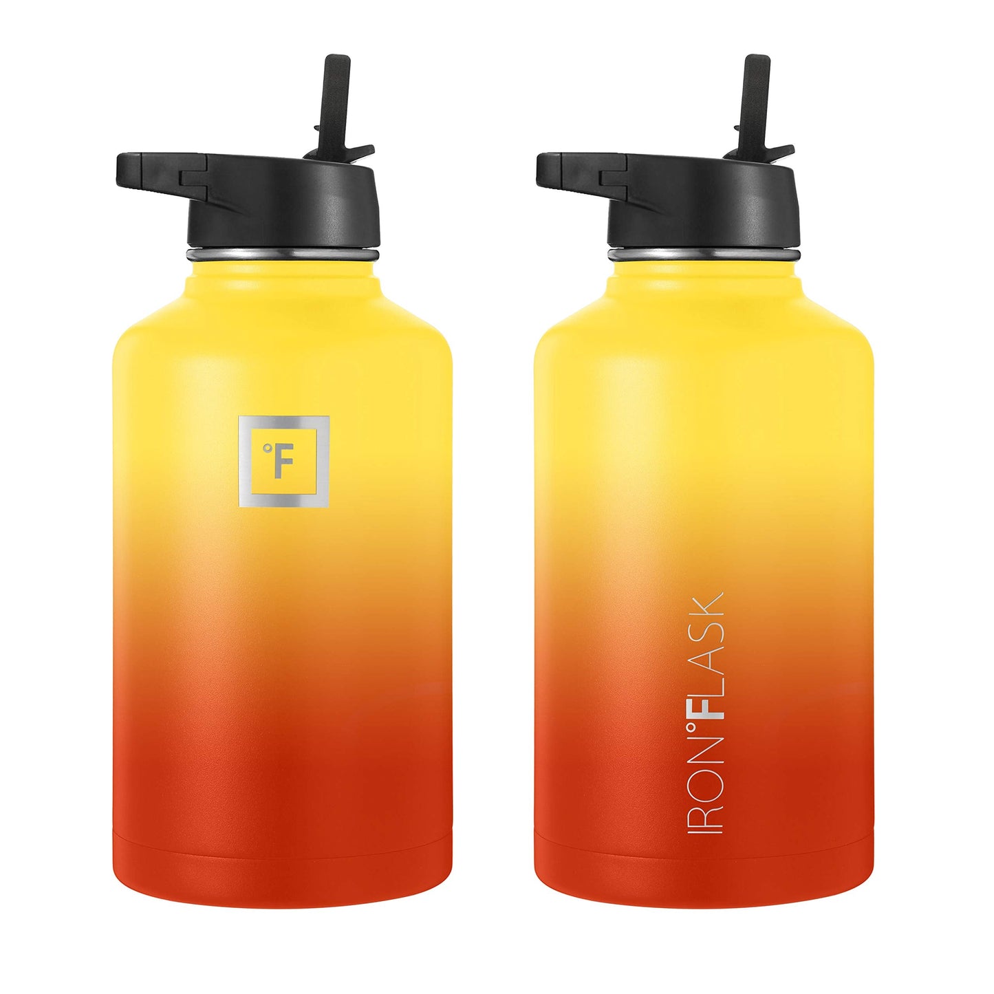 IRON °FLASK Sports Water Bottle - 64 oz, 3 Lids (Straw Lid), Stainless Steel Vacuum Insulated, Hot Cold, Modern Double Walled, Simple Thermo Mug (Fire)