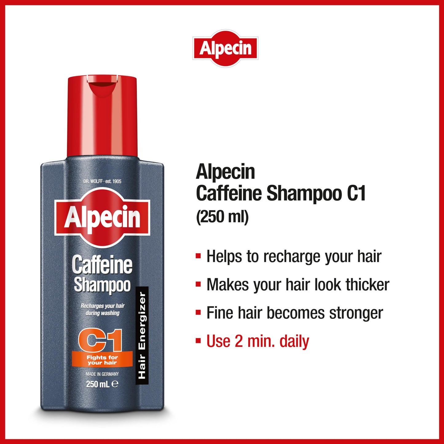 Alpecin C1 Caffeine Shampoo, 8.45 fl oz, Cleanses the Scalp to Promote Natural Hair Growth, Leaves Hair Feeling Thicker and Stronger