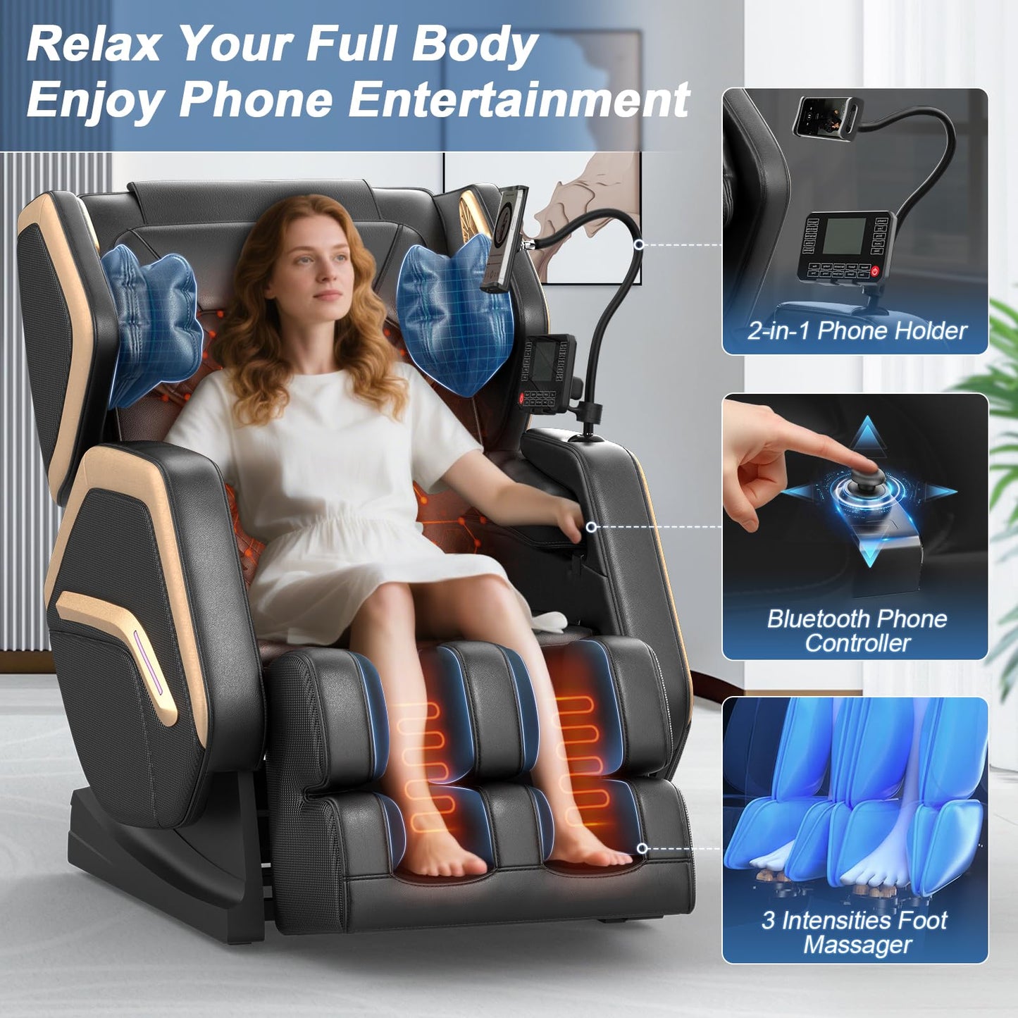 NAGLIFOR Massage Chair Full Body, Zero Gravity Massage Chair 2025 for Back Fatigue with 10 Fixed Rollers, Airbags, Phone Controller, Heating, Bluetooth Speaker, Nightlights for Living Room, Bedroom