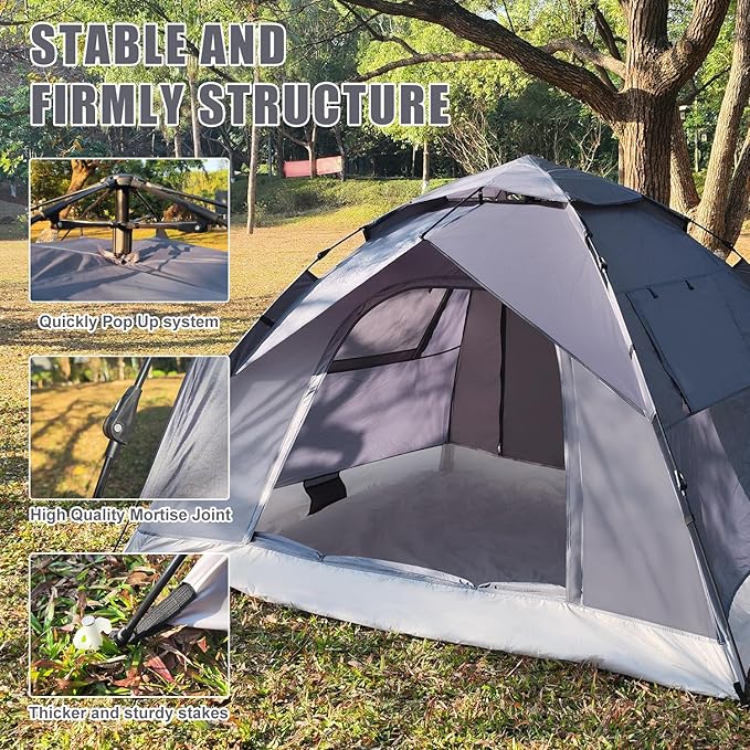 1/2/3/4 Person Pop-Up Camping Tent, Instant Setup Family Tent with Double Layer & Large Mesh Windows, Portable for Hiking, Backpacking & Outdoor Adventures, Waterproof & Windproof